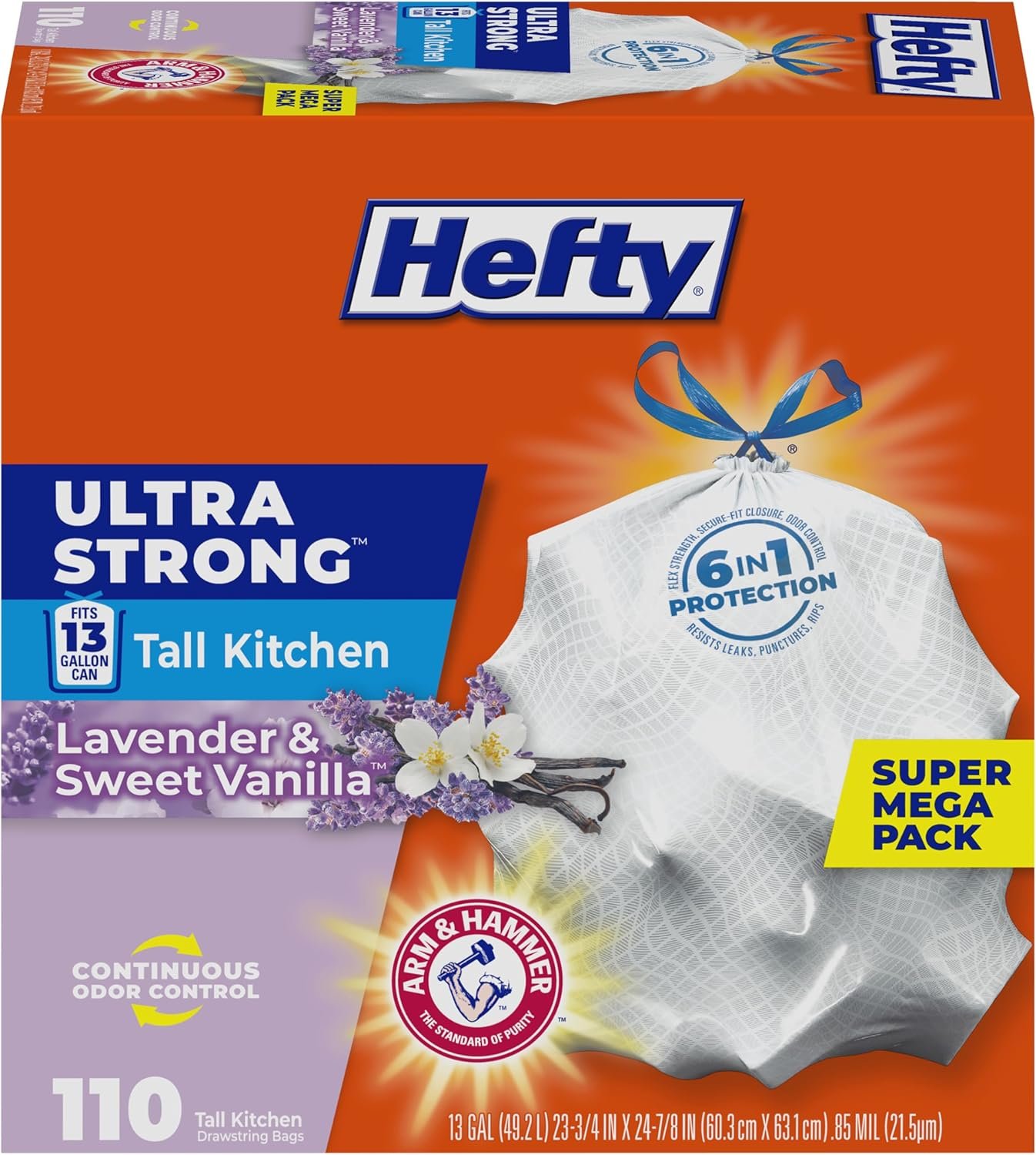Hefty Ultra Strong 13 Gallon Trash Bags, Tall Kitchen, Drawstring Closure, Odor Control, White, Lavender, Sweet Vanilla, 110 Count