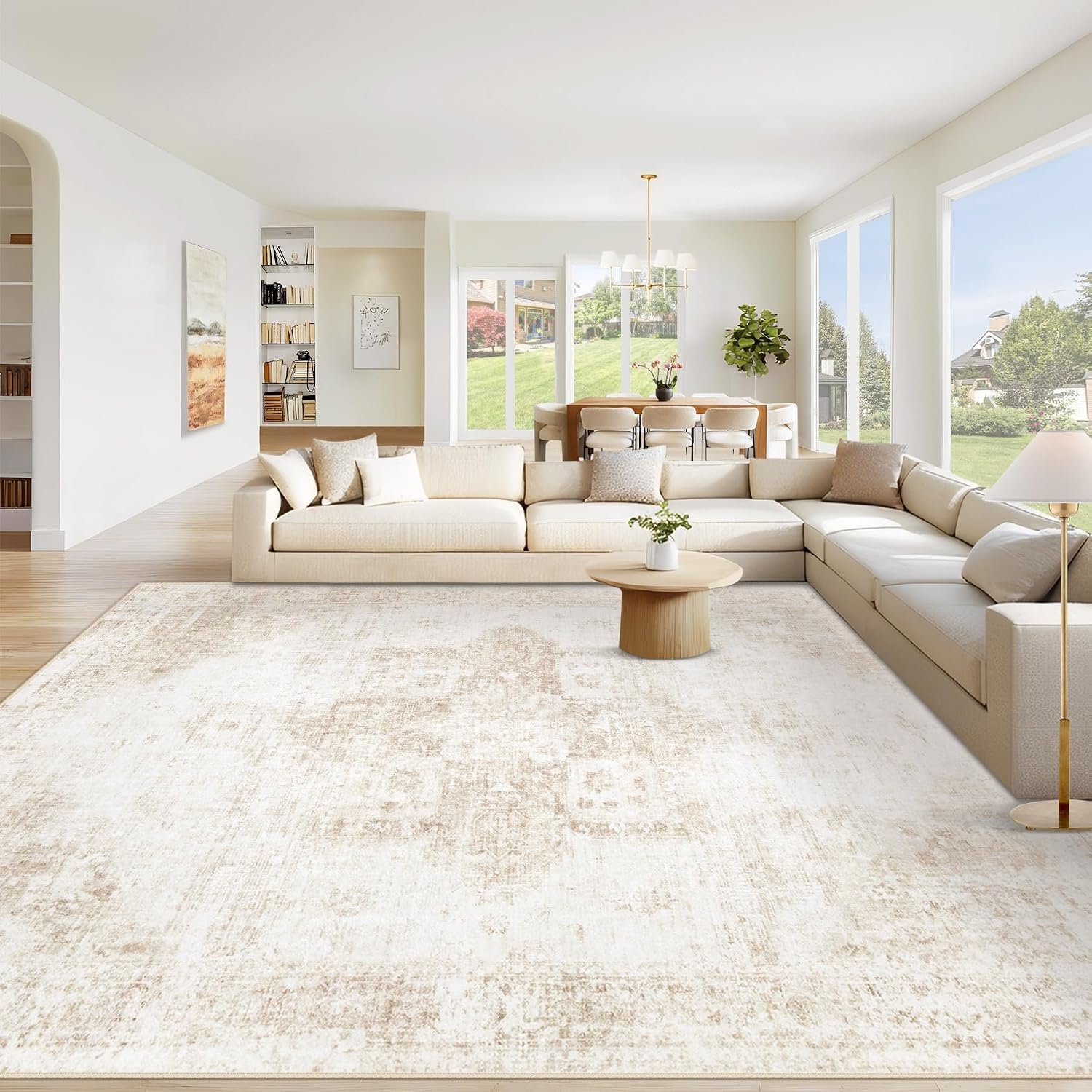 Area Rug 8×10 Washable Rug, Vintage Boho Medallion Rugs Non-Slip Soft Low Pile Large Distressed Rug Indoor Retro Carpet for Living Room Bedroom Dining Room Office Children’s Room(Beige, 8’x10′)