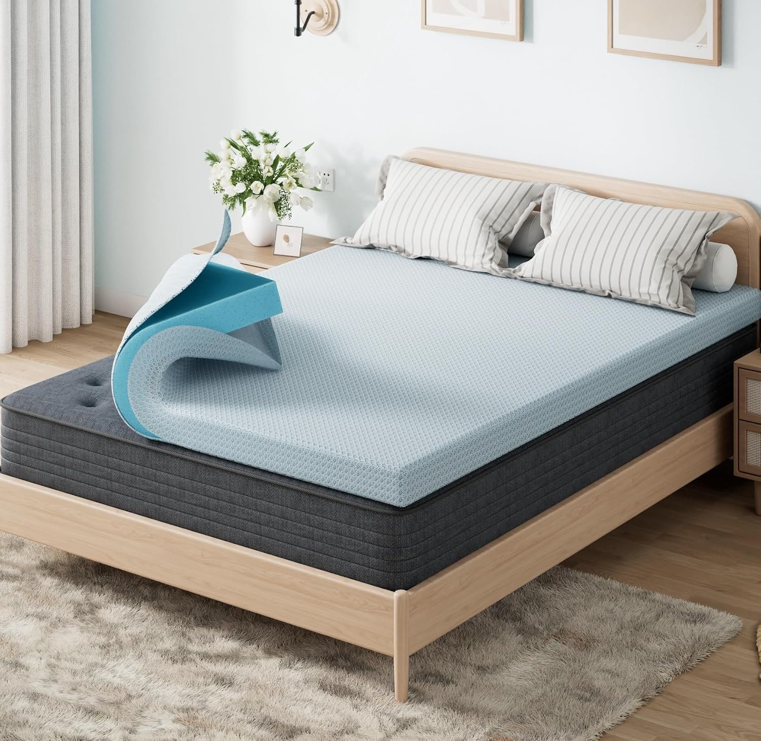 OhGeni 2 Inch Queen Memory Foam Mattress Topper Pad with Cover, Soft Bed Cover with Anti-Slip Base, Enhanced with Cooling Gel，Premium Comfort for Sleep & Back Pain Relief, with 1000 pcs air Holes