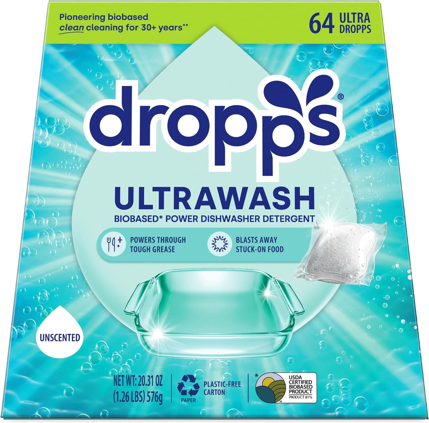 Dropps UltraWash Dishwasher Detergent Pods, Unscented (64 Ct) – Free & Clear | Cuts Grease & Stuck-On Food | Sparkling Dishes & Glasses | Residue-Free | Clean Ingredients | Plastic Free Packaging