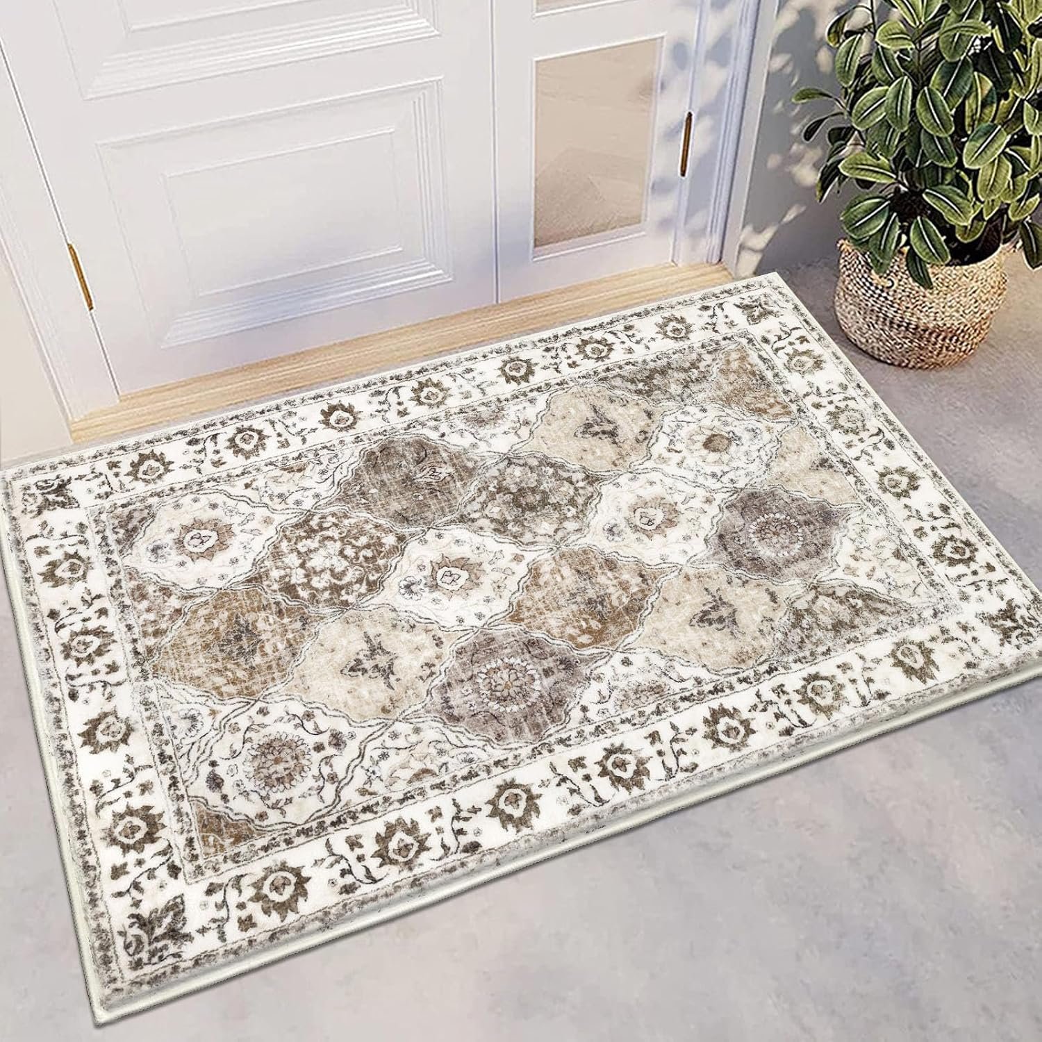 HEBE Washable Area Rug – 2’x3′ Non Slip Soft Distressed Medallion Bedroom Boho Living Room Accent Throw Vintage Entry Floor Carpet for Dining Room Bathroom Entryway