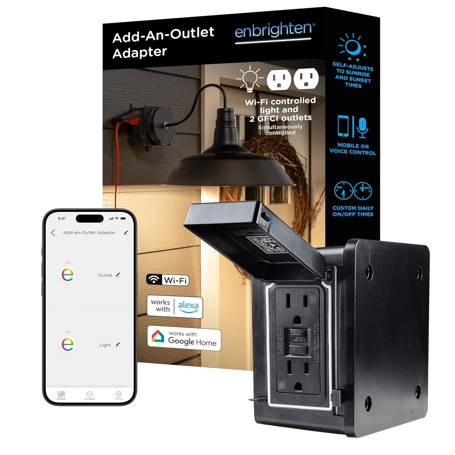Enbrighten Vibe Add-an-Outlet Light Adapter, Smart Outdoor Outlet with Two GFCI Outlets for Porch Lights, Security Cameras, Direct Wire, Compatible with Alexa, Google Assistant, Black, 80753