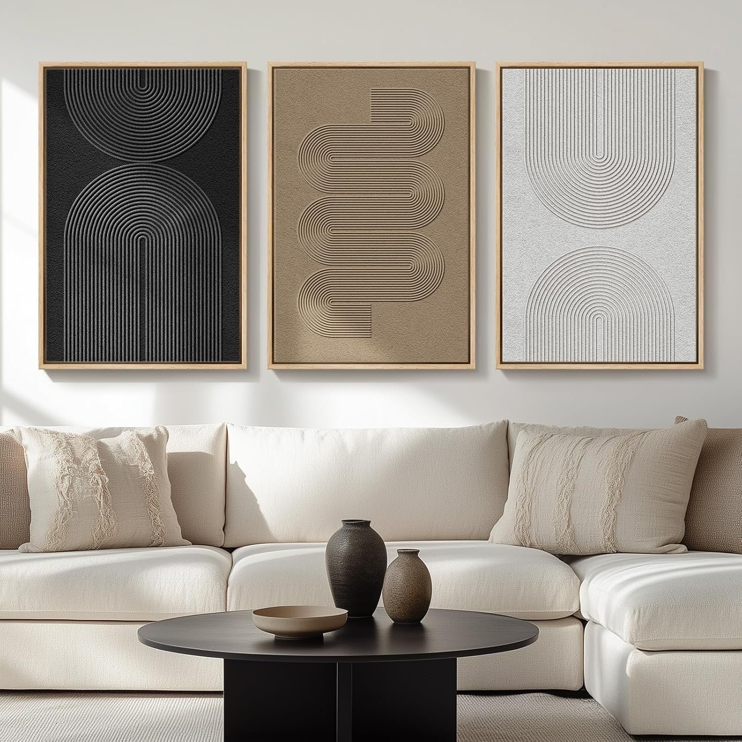 Large Framed Boho Modern Neutral Abstract Wall Art for Living Room, 3 Piece Black and White Canvas Prints Paintings Artwork for Walls, Geometric Pictures for Office Bedroom Dining Room Decor, 24×36 In