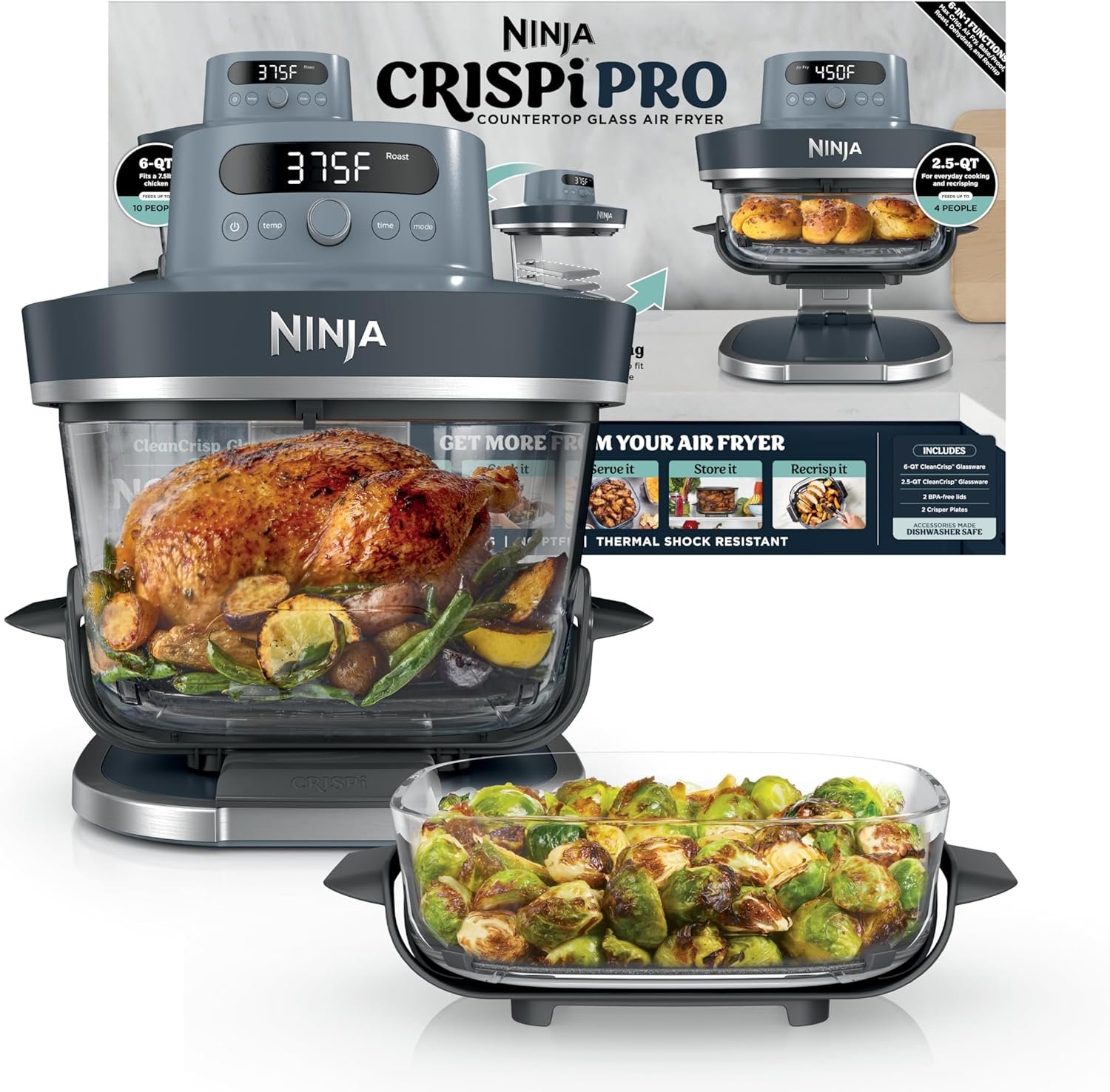 Ninja Crispi Pro 6-in-1 Glass Air Fryer | With Nontoxic, 6qt & 2.5qt Containers & Lids | Microwave, Freezer, Dishwasher Safe | 450°F Max Temp | 1800 Watt | Cyberspace | AS101CY