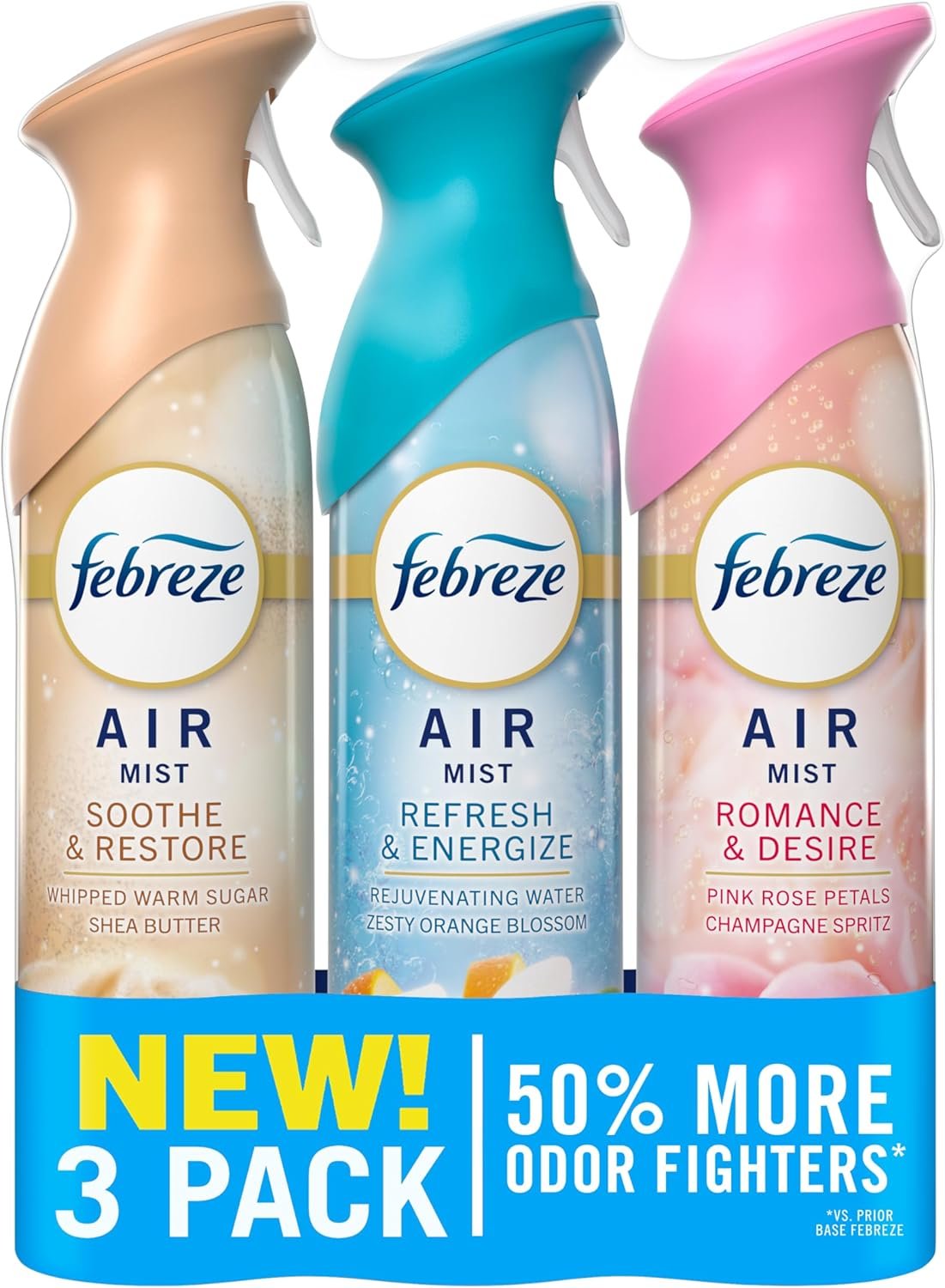 Febreze Air Mist, Air Freshener, Odor Fighting Room Spray, Deodorizer for Home Bathroom Kitchen Office Apartment, Soothe & Restore, Refresh & Energize, Romance & Desire Variety Pack, 8.1oz (Pack of 3)