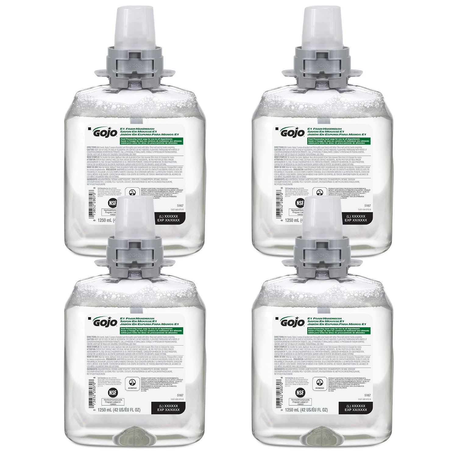 GOJO E1 Foam Handwash, Fragrance Free, 1250 mL Handwash Refill FMX-12 Push-Style Hand Soap Dispenser (Pack of 4) – 5167-04