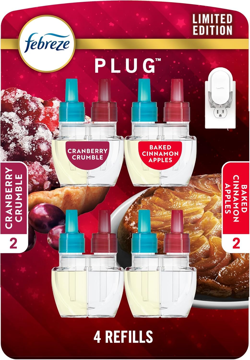Febreze Odor-Fighting Fade Defy PLUG Air Freshener Baked Cinnamon Apple, Cranberry Crumble, .87 fl. oz. Oil Refill, 2 of Each