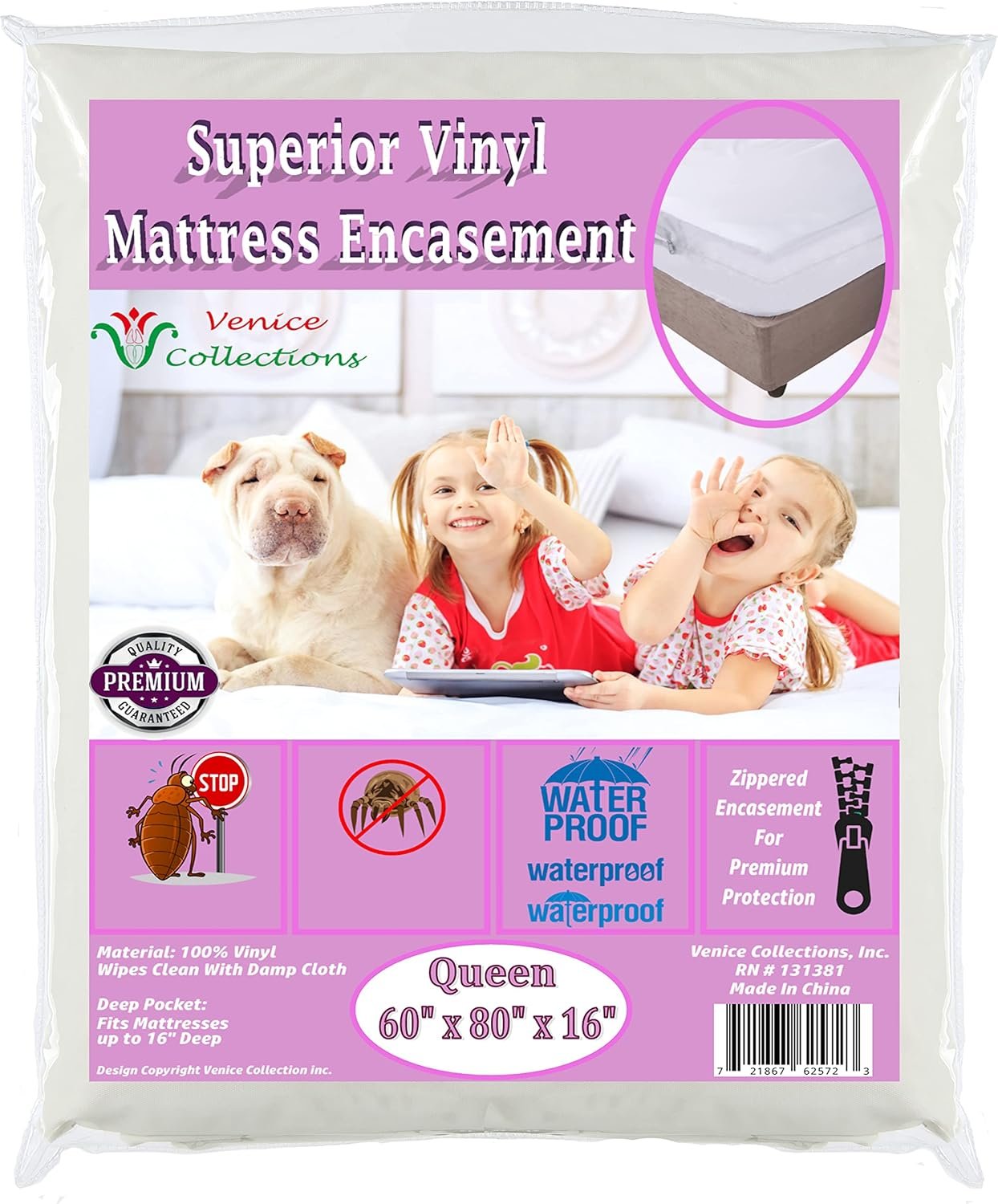 Superior Extra Heavy 8 Gauge Vinyl Mattress Protector Zippered Encasement Cover 100% Waterproof Queen White