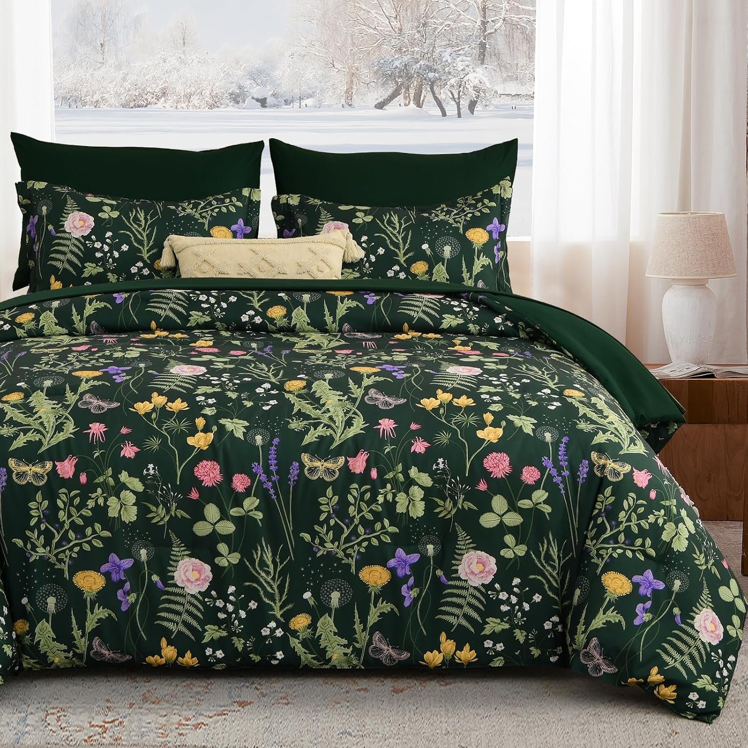 Yiran Queen Comforter Set 7 Piece, Dark Green Floral Bedding Set, Bed in a Bag Queen with Botanical Flowers Patterns, Soft Lightweight Complete Comforters with Sheets for All Season