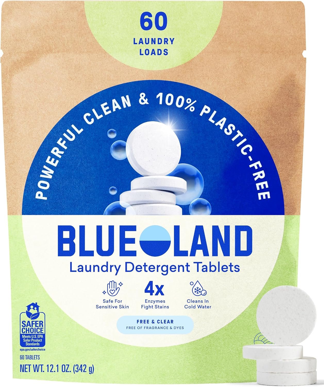 BLUELAND Laundry Detergent Tablets, 60 Count, Plastic-Free Eco-Friendly, Fragrance Free and Clear, Safe for Sensitive Skin, No Harsh Chemicals, Lifts Tough Stains and Odors