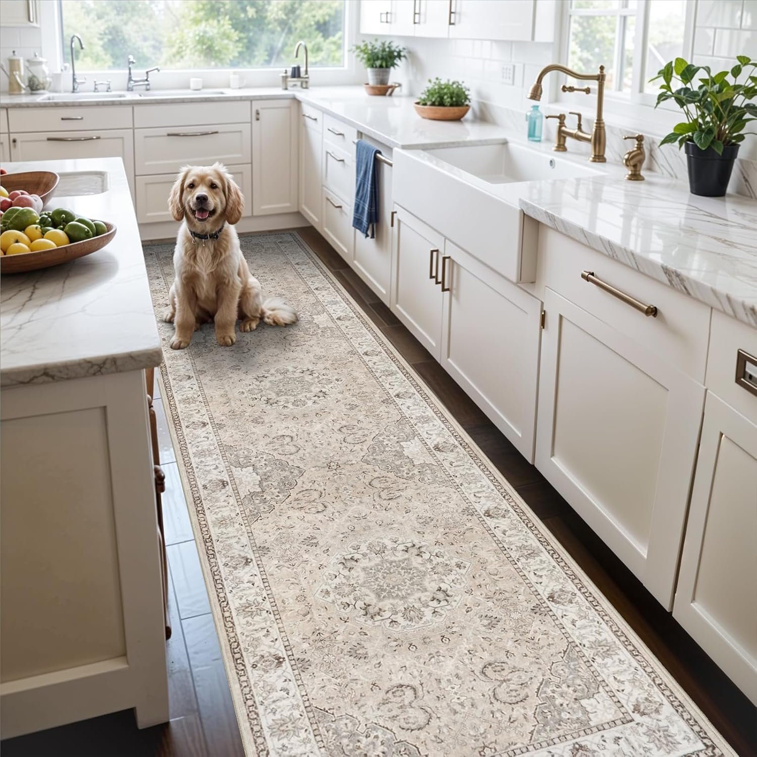 Hallway Washable Runner Rug – 2’6×12 Kitchen Rugs Entryway Rug Runner Vintage Soft Floor Mat Non Slip Indoor Farmhouse Carpet for Bathroom Living Room Bedroom (2’6”x12′, Beige)