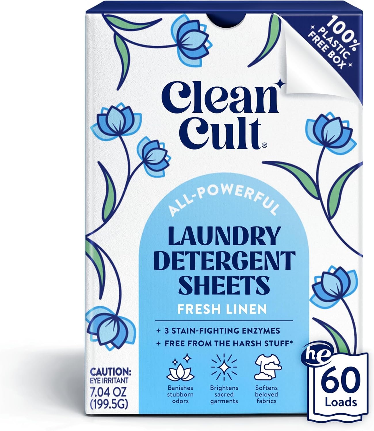 Cleancult Laundry Detergent Sheets – Resealable Box – 3 Stain Fighting Enzymes – Fresh Linen – 60 Loads – Free of Harsh Chemicals – No Mess – No Plastic Waste