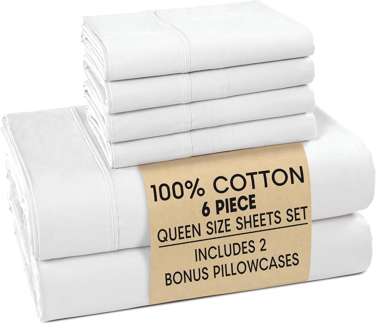 Casa Platino Queen Sheets Set –100% Cotton Queen Sheets with 4 Pillowcases, Lightweight Feel & Secure Fit, Crisp & Breathable Percale Weave with 15″ Deep Pocket, Soft and Cozy – Pure White
