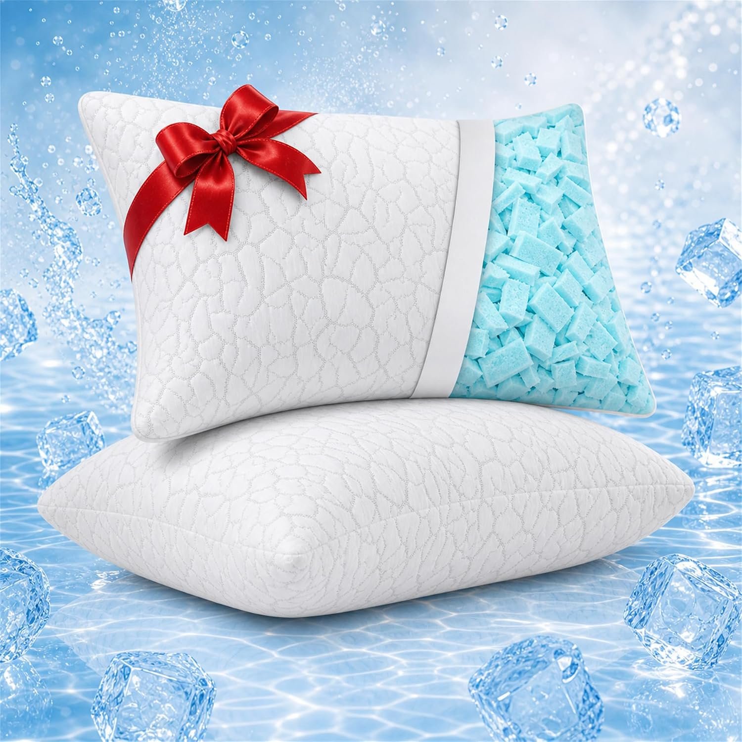 Cooling Pillows for Sleeping 2 Pack, Adjustable Shredded Memory Foam Pillows Queen Size Set of 2, Firm Bed Pillows for Side Back Stomach Hot Sleepers, Cold Pillow with Removable Washable Cover