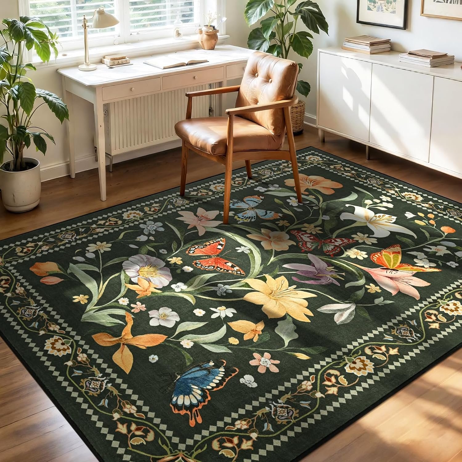 3×5 Entryway Rug Non Slip, Washable Floral Area Rug for Bedroom Playroom, Soft Vintage Carpet with Rubber Backing, Stain & Fade Resistant, Low Pile Flower Mat Modern Farmhouse Decor