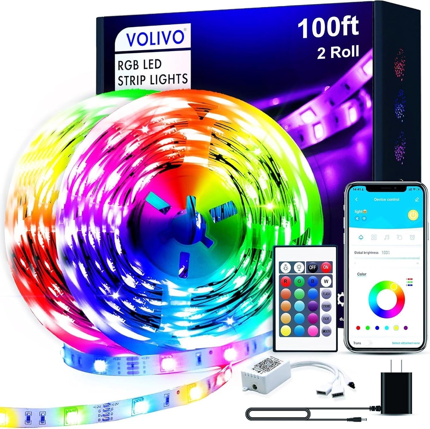 VOLIVO 100ft Led Strip Lights for Bedroom, Color Changing Led Light Strips Kit with Bluetooth App Control and IR Remote, RGB Music Sync Lighting for Room, Home Decor