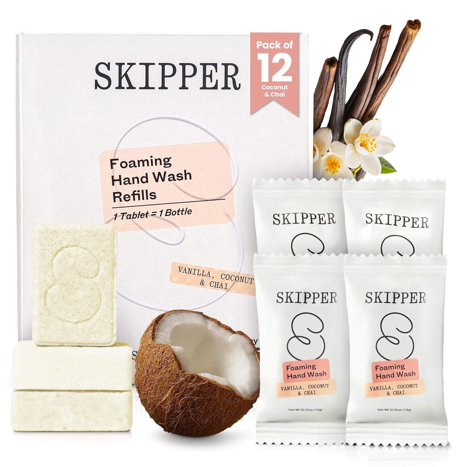 Tirtyl Skipper Foaming Hand Soap Tablet Refills – 12 Pack – 96 fl oz total (12x 8 fl oz) – Rebranded – Compostable Packaging – Vanilla, Coconut & Chai