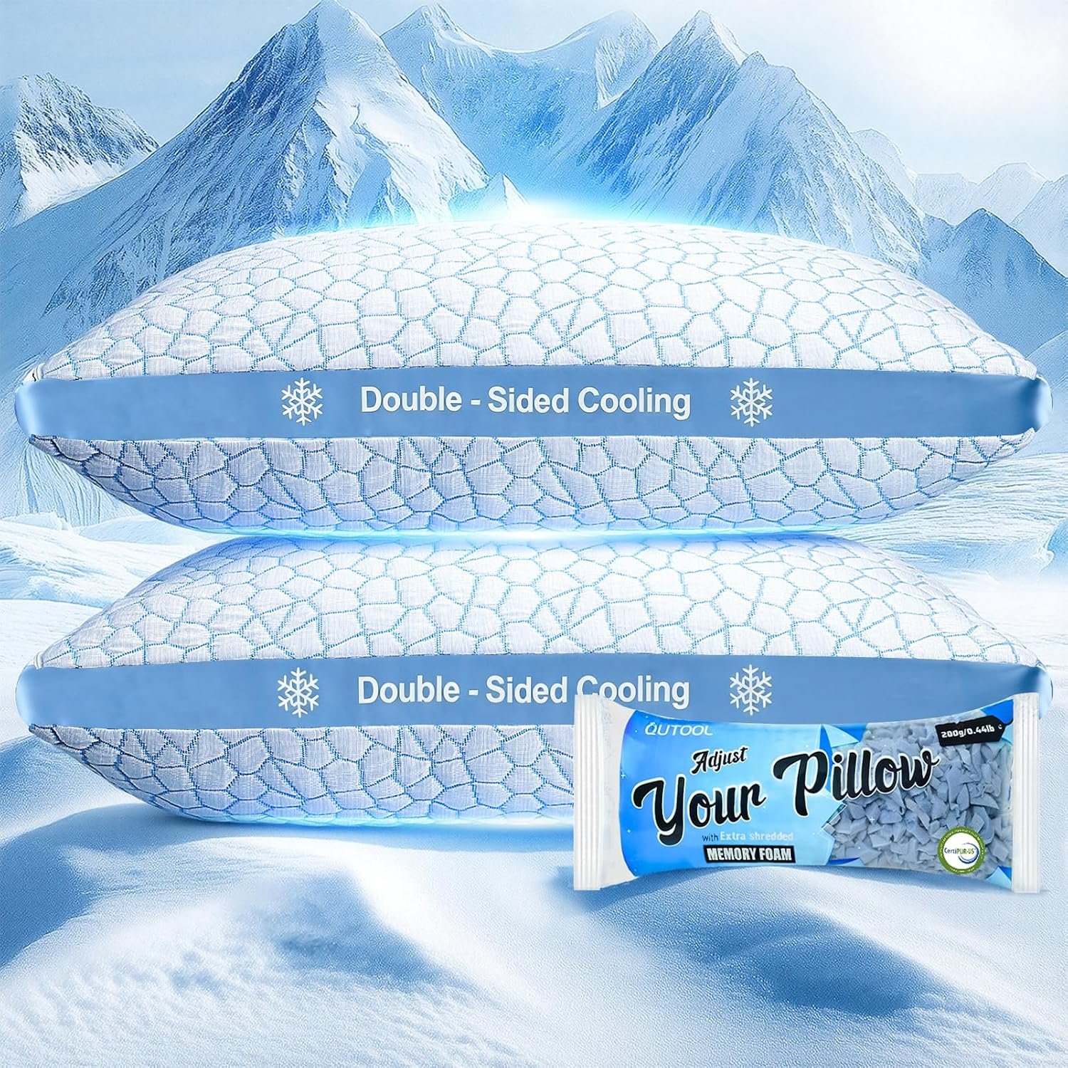 QUTOOL Double Sided Cooling Pillow for Hot Sleepers, Shredded Memory Foam Pillows Queen Size Set of 2, Adjustable Soft & Firm Gel Bed Pillow for Side, Back, Stomach Sleepers