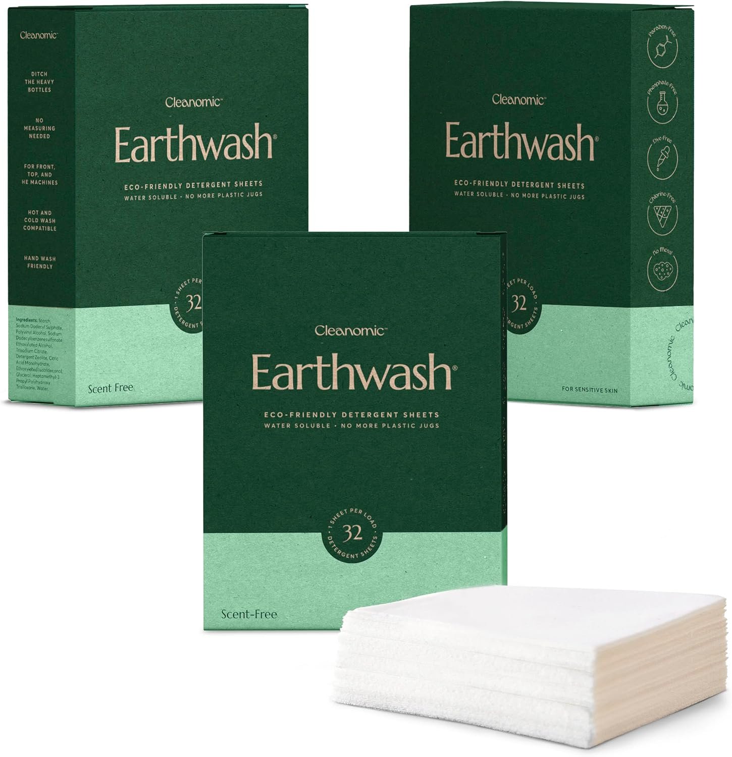 Earthwash Laundry Detergent Sheets (Up To 192 Loads) 96 Scent Free Sustainable Sanitizer Strips – Ideal for Travel & Home Liquidless Laundry by Cleanomic