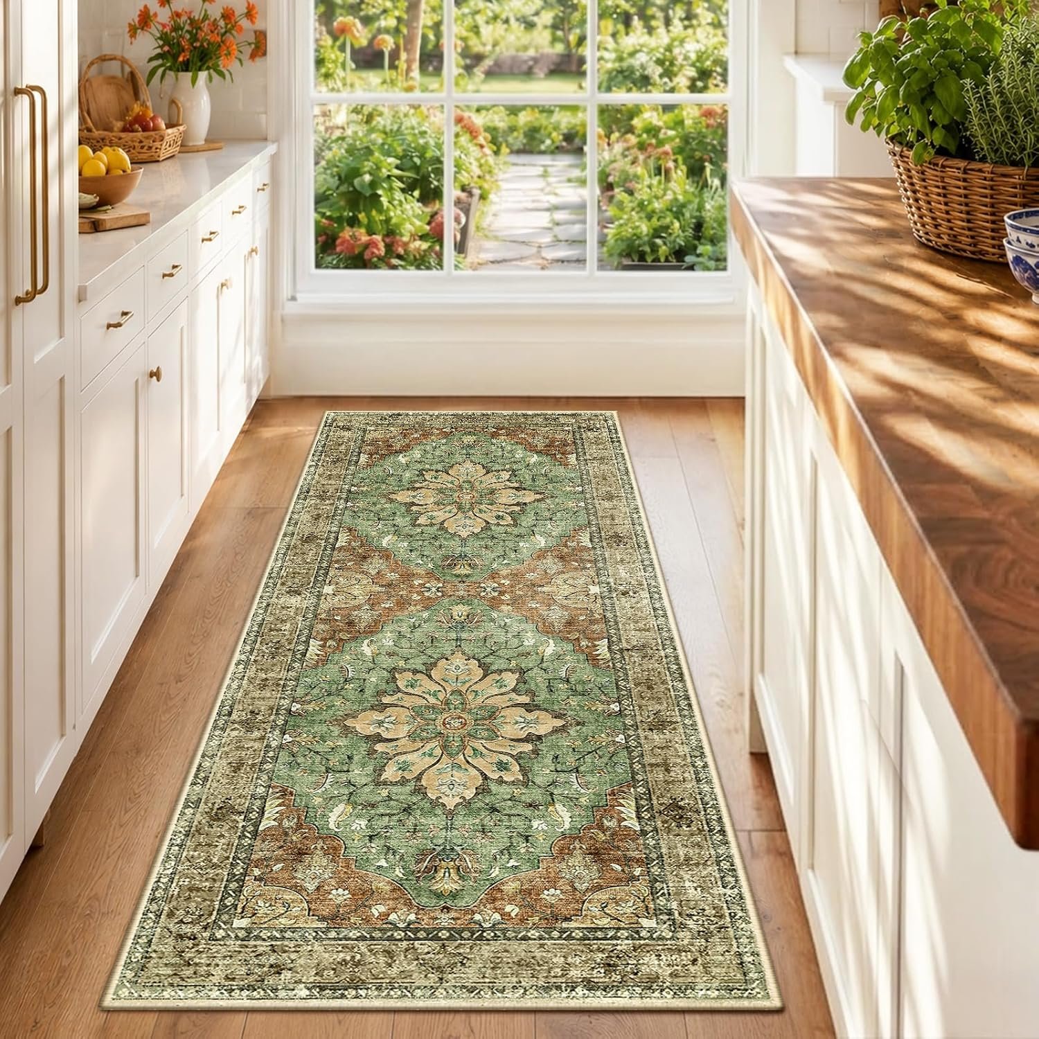 RELEANY Area Rugs Runner 2’x6′ Washable Non-Slip, Floral Vintage Distress Medallion Carpet for Kitchen Hallway Bedroom Beside Laundry Room Bathroom, Terracotta Burnt Orange Green