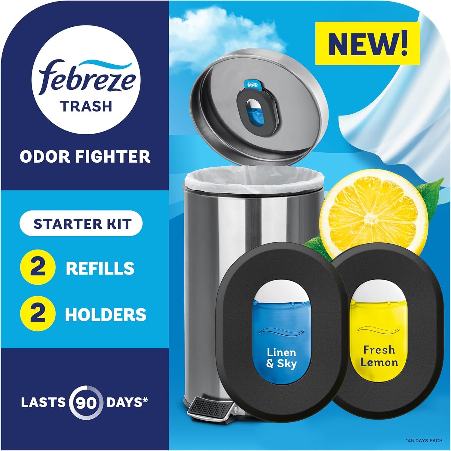Febreze Trash Odor Fighter, Trash Can Air Freshener, Stick-On Deodorizer for Garbage Cans, Diaper Pails, Works with Scented Trash Bags, Fresh Lemon and Linen & Sky Scents, 2 Holders + 2 Refills