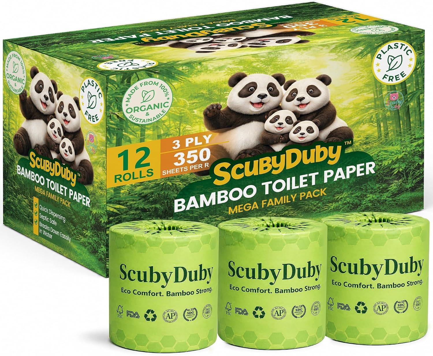 Premium & Soft Bamboo Toilet Paper | PFAS Free | 12 Mega Rolls, 3 ply & 350 Sheets | Non Toxic, Septic Safe, BPA Free | Tree Free Toilet Tissue | Plastic Free Packaging