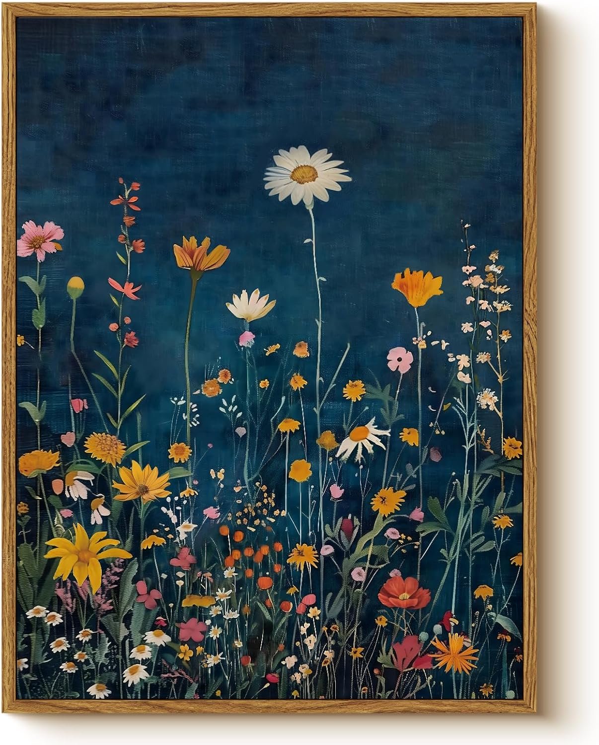 WHASAYART Botanical Floral Canvas Print 12×16 Framed Wildflower Wall Art, Rustic Dark Blue Colorful Flower Artwork, Vibrant Vintage Painting Living Room Kitchen Bedroom Hallway Home Decor