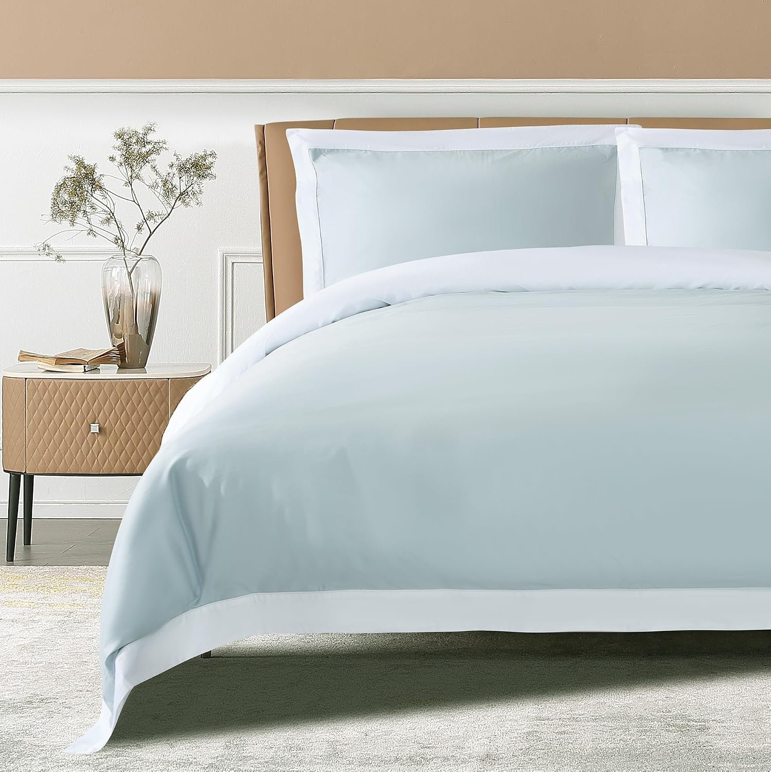 THE COTTON & SILK®️ 100% Luxury Long-Staple Cotton Duvet Cover Set – Soft & Breathable – Include 1 Duvet Cover with Corner Ties & Hidden Zipper, 2 Pillow Shams – Misty Blue + White, Queen Size