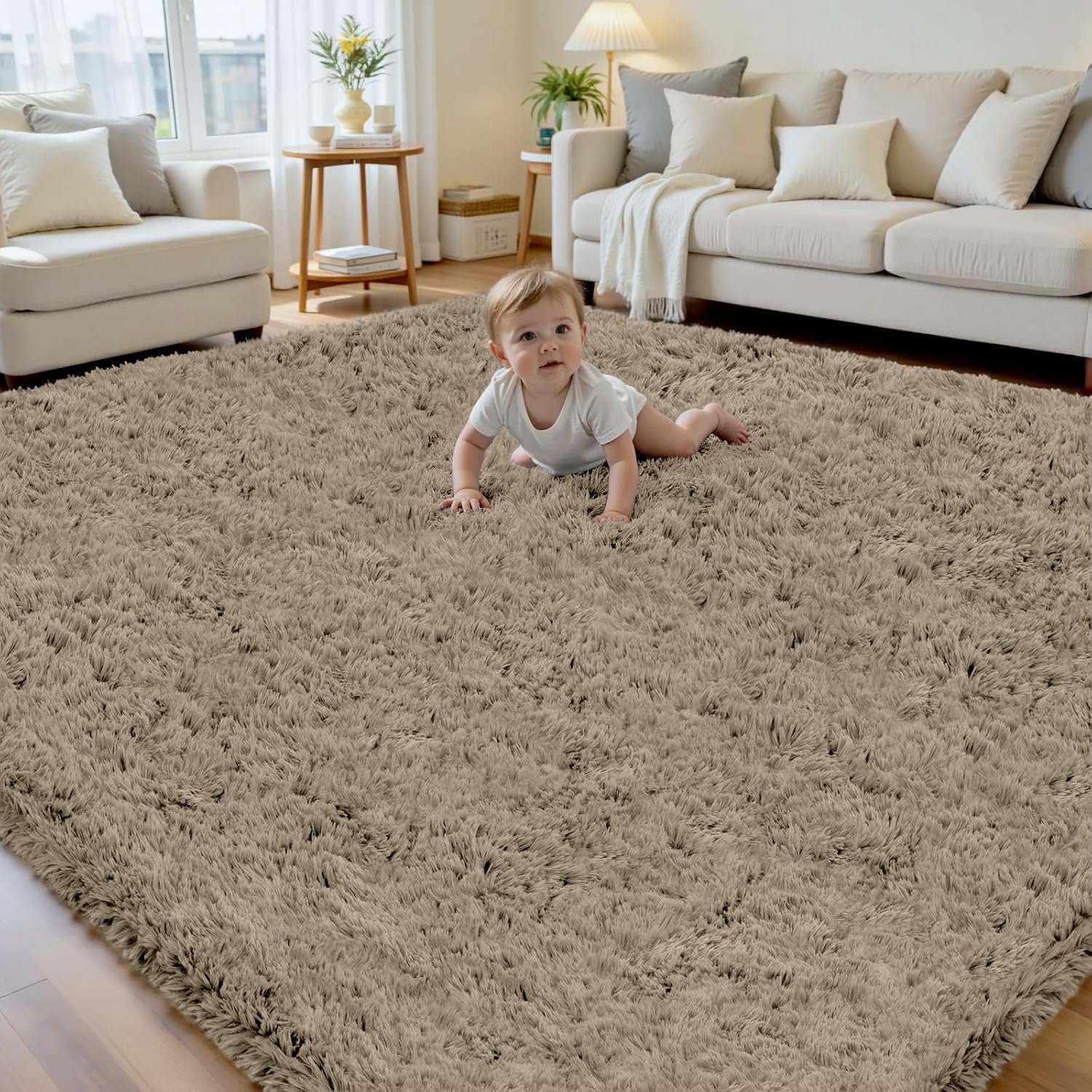 6×9 Area Rug for Living Room, Ultra Soft Fluffy Shag Rugs for Bedroom, Non-Slip Large Fuzzy Plush Rug Indoor Floor Carpet for Nursery Kids Office Dorm Modern Decor, Gray Camel