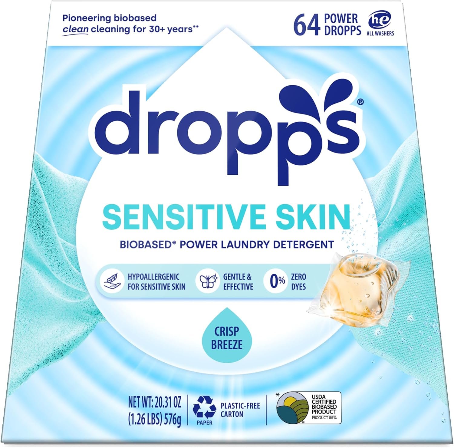 Dropps Sensitive Skin Laundry Detergent Pods, Crisp Breeze (64 Count) – Hypoallergenic & Dermatologist Tested | Dye Free | Laundry Pods for Sensitive Skin | Clean Ingredients | Plastic Free Packaging
