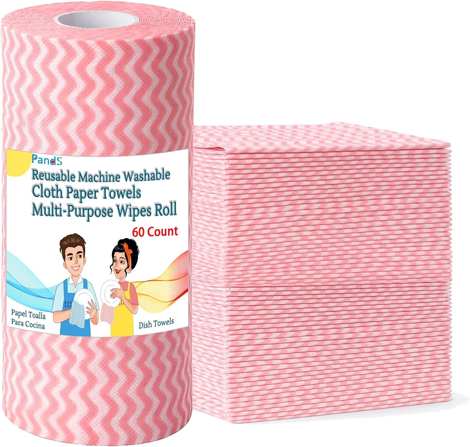 Reusable Paper Towels Washable, 60 Cts Disposable Cleaning Dish Cloths, Multi-Purpose Kitchen Wipes Roll, Pink