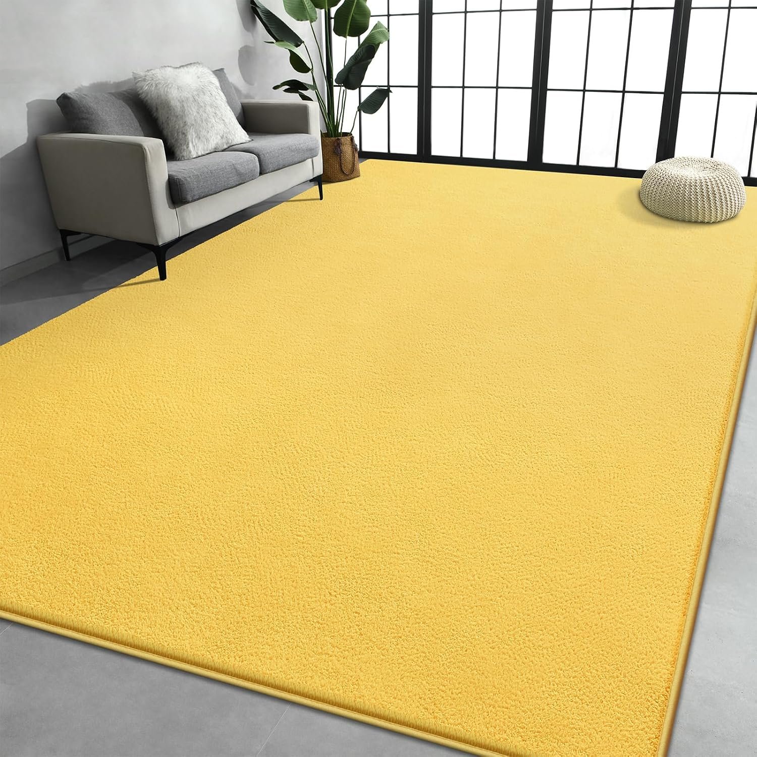 Large Area Rugs for Living Room Bedroom, 4×6 Feet Yellow Rug, Minimalist Modern Shag Rug, Soft Thick Comfy Memory Foam Indoor Carpet, Non-Slip Washable Rug for Boys Girls Dorm Nursery Room Home Decor