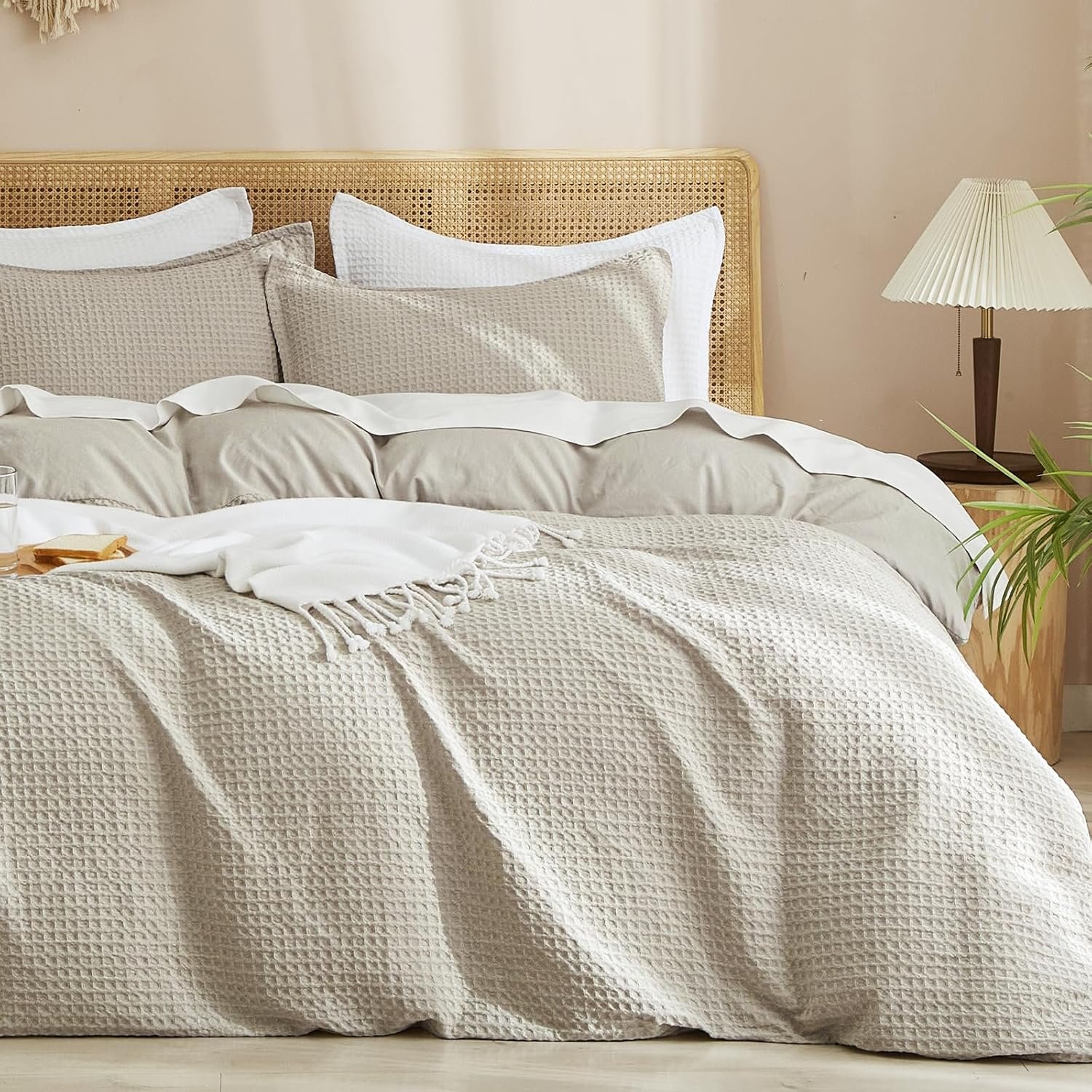 PHF Waffle Weave Duvet Cover Set Queen Size, No Snagging Ultra Soft Luxury Textured Breathable Comforter Cover for All Season 3pcs, Durable Bedding Duvet Set with 2 Pillow Shams, 90″x90″, Linen