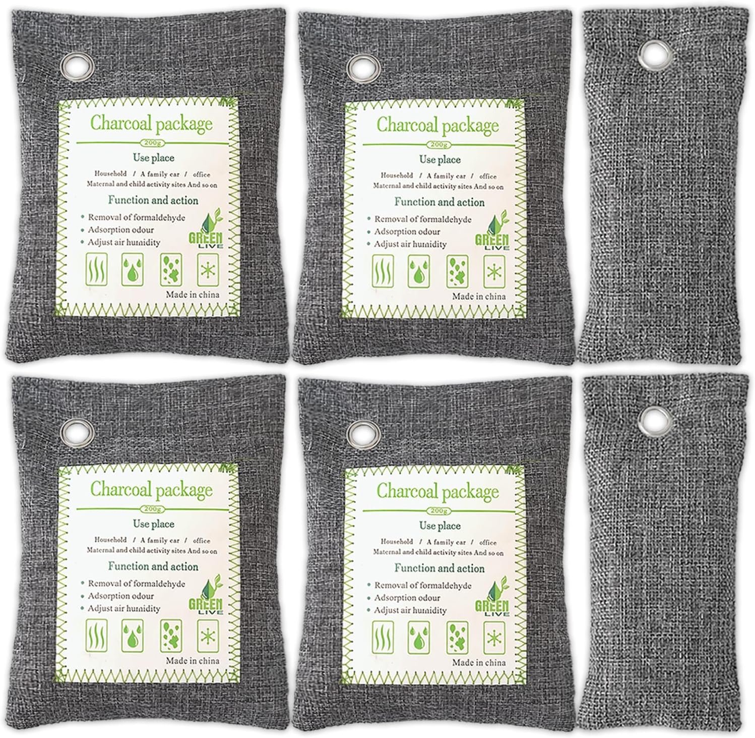 Activated Charcoal Odor Absorber (4x200g Large + 2x75g Small), Bamboo Charcoal Air Purifying Bag, Odor Deodorizer and Eliminator for Cars, Refrigerators, Shoes, Pets, Closets, and More.