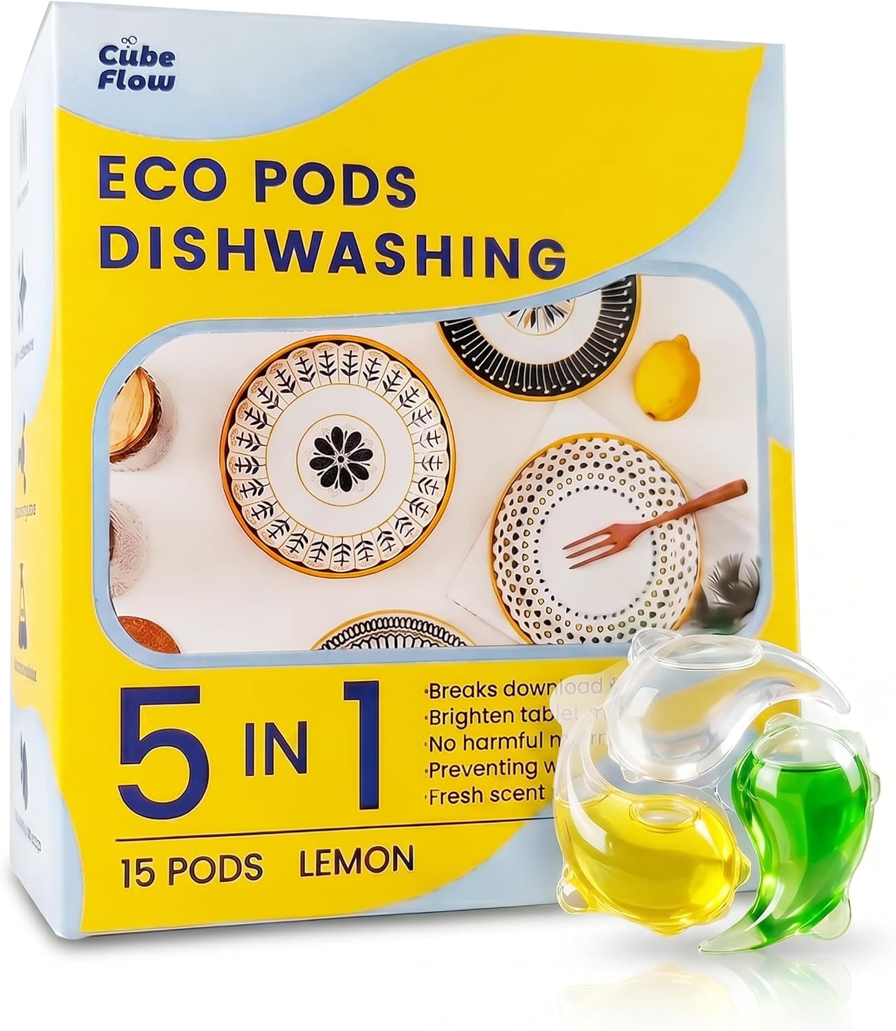 ECO Dishwasher Pods 15 Count, with Glycerin & Enzymes (Protease, Amylase),Dishwasher Detergent Liquid dish pod for Powerful Cleaning, No Pre-Rinse, Fights 24-Hour Dried On Food, Plant-Based (15PODS)