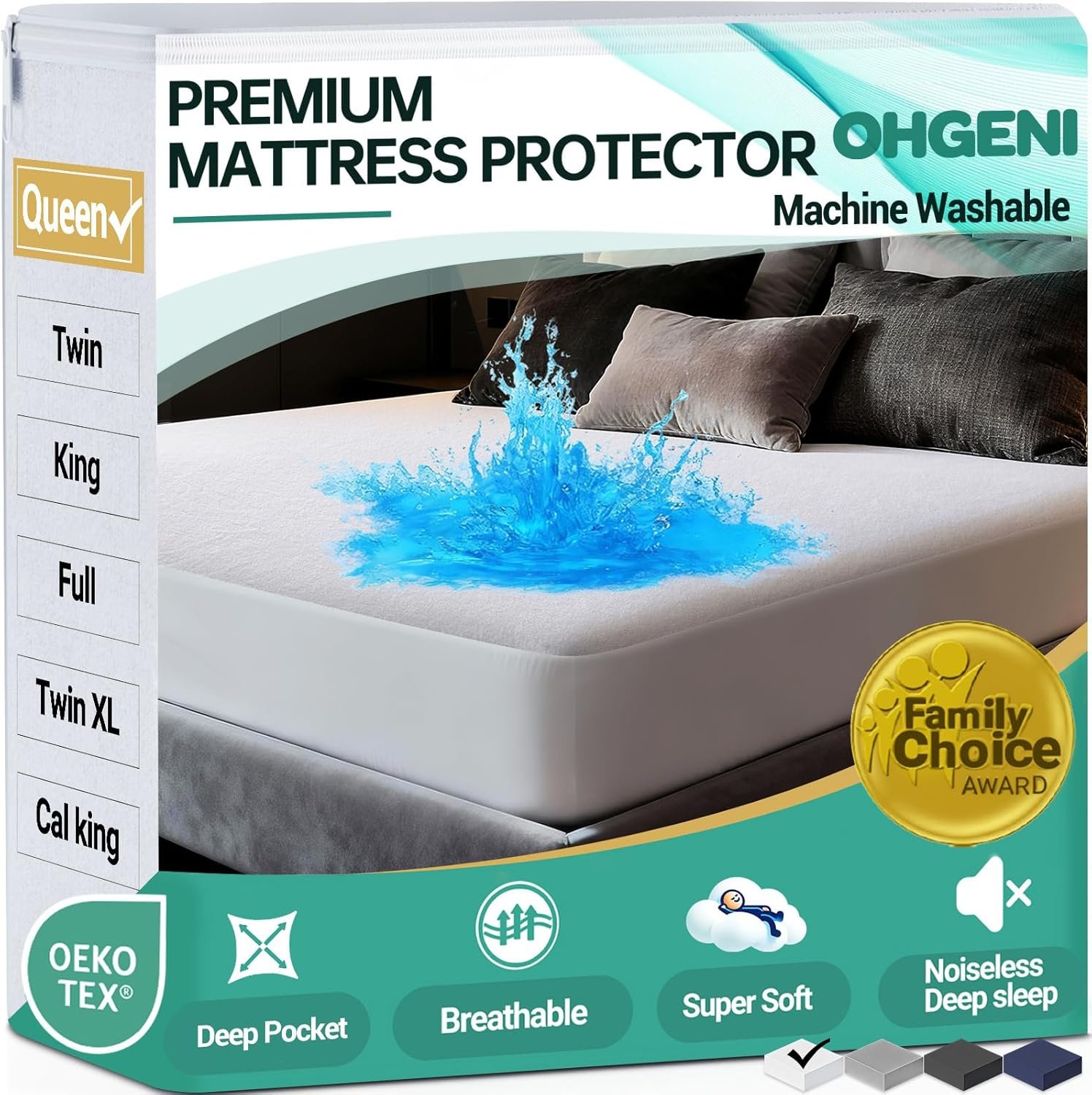 OhGeni Waterproof Mattress Protector, Queen Size Mattress Pad Fitted with Deep Pocket 6″-18″, Breathable Noiseless & Soft, Washable Dirt-Proof Mattress Cover for Home, Bedroom, Hotel, White