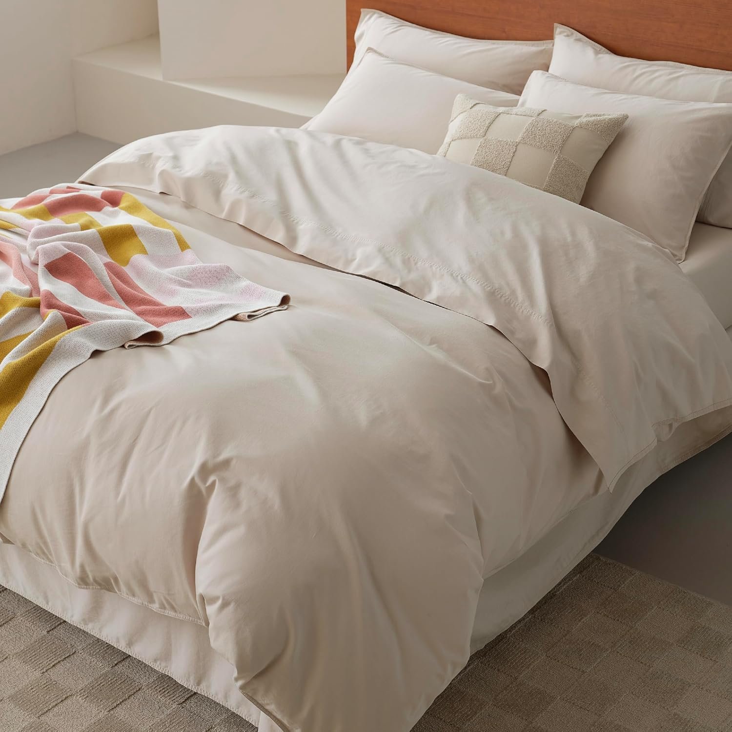 Double Stitch GOTS Organic Cotton King Duvet Cover, Washed 300TC, Greige | Luxury Long Staple Sateen with 8 Interior Ties; Breathable, Machine Washable, Shell Buttons, Hotel Weave with 2 Pillow Shams