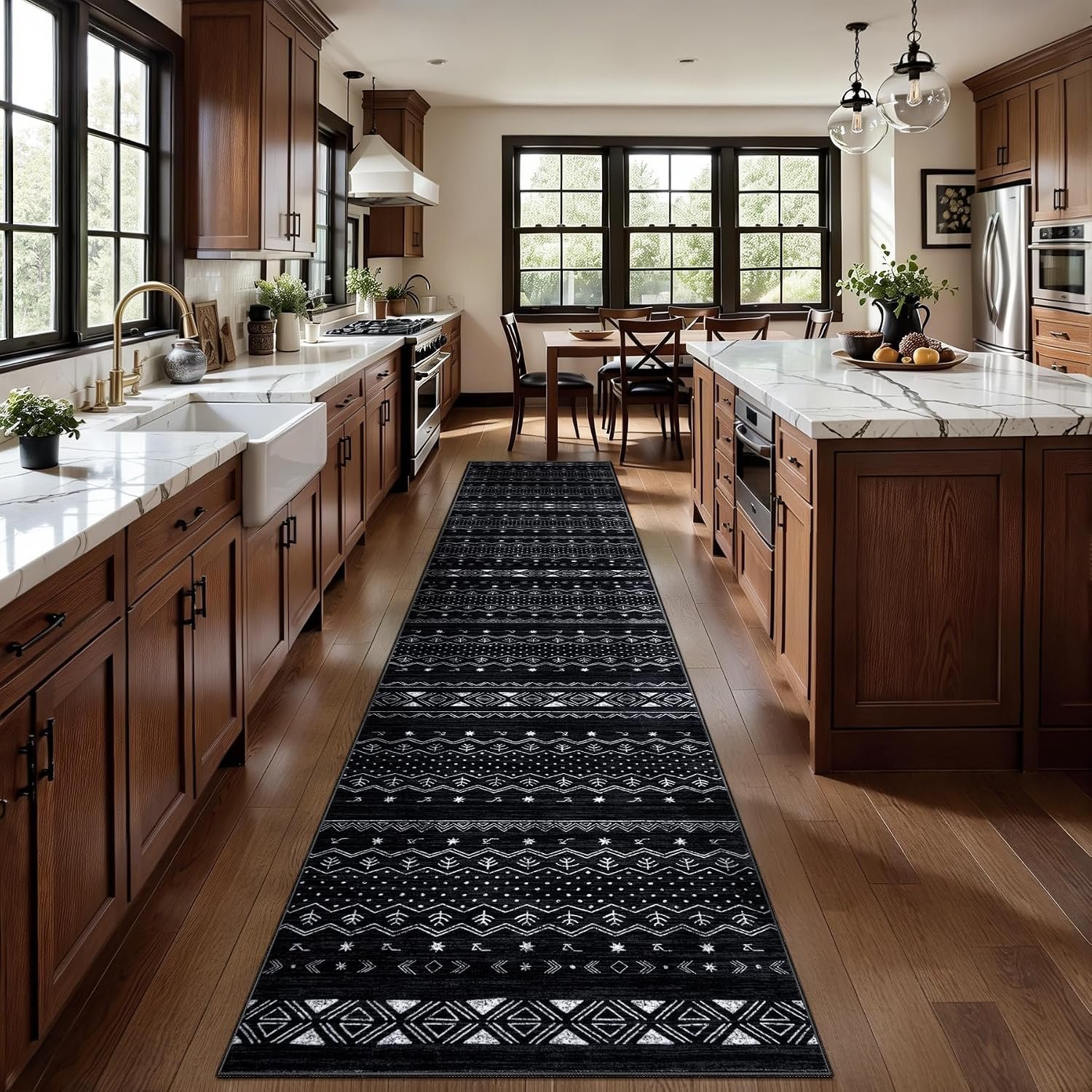 SERISSA Hallway Runner Rug, 2×10 Washable Non-Slip Black and White Runners for Hallways, Soft Low-Pile Boho Geometric Indoor Long Carpet for Kitchen Entryway Laundry Bedroom Bathroom