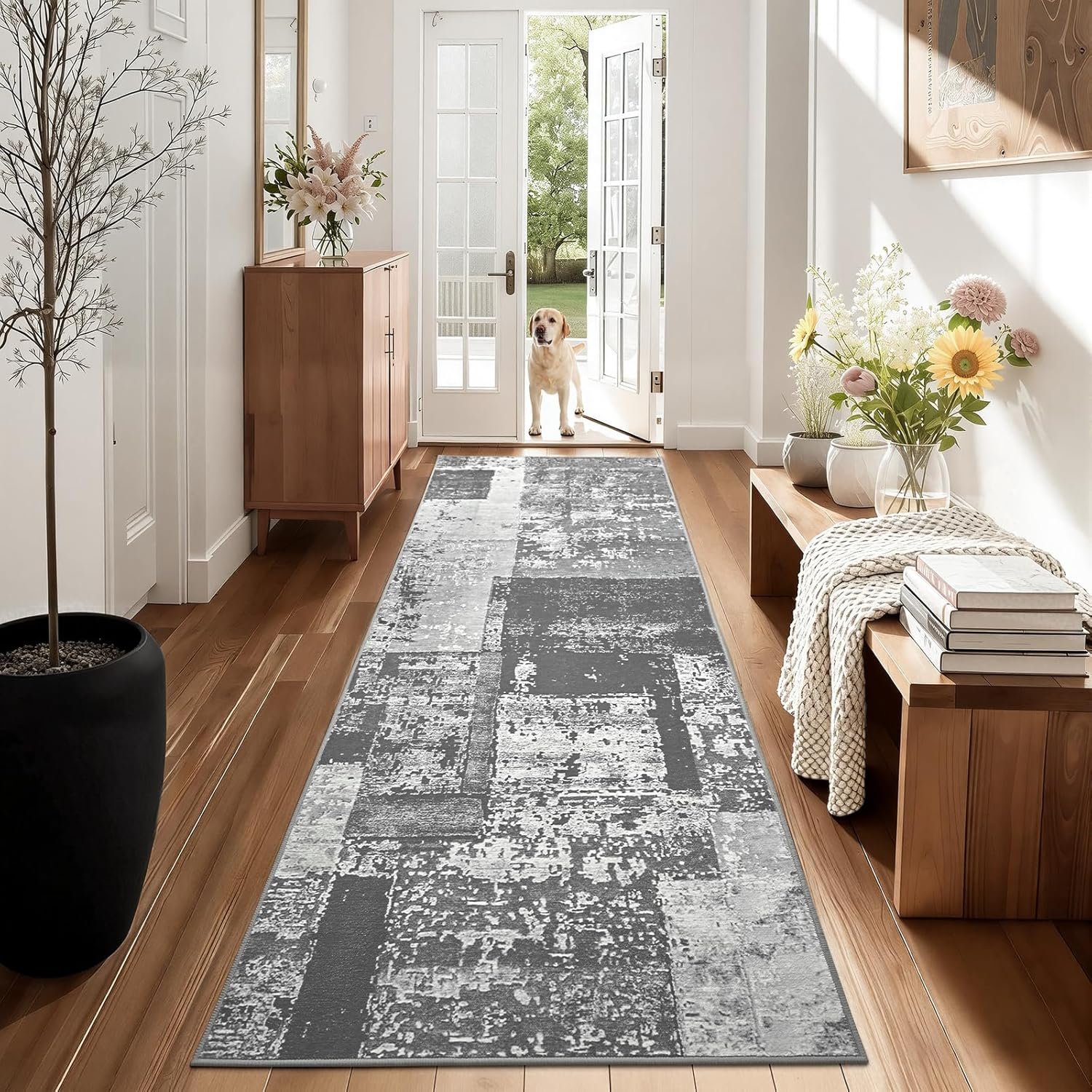 LOCHAS Washable Runner Rugs for Hallway, 2×6 Non Sip Soft Rug for Bedroom Entryway Kitchen Laundry Room, Long Abstract Carpet for Indoor Floor Bedside, Grey Geometric Vintage Decor, Pet & kid Friendly
