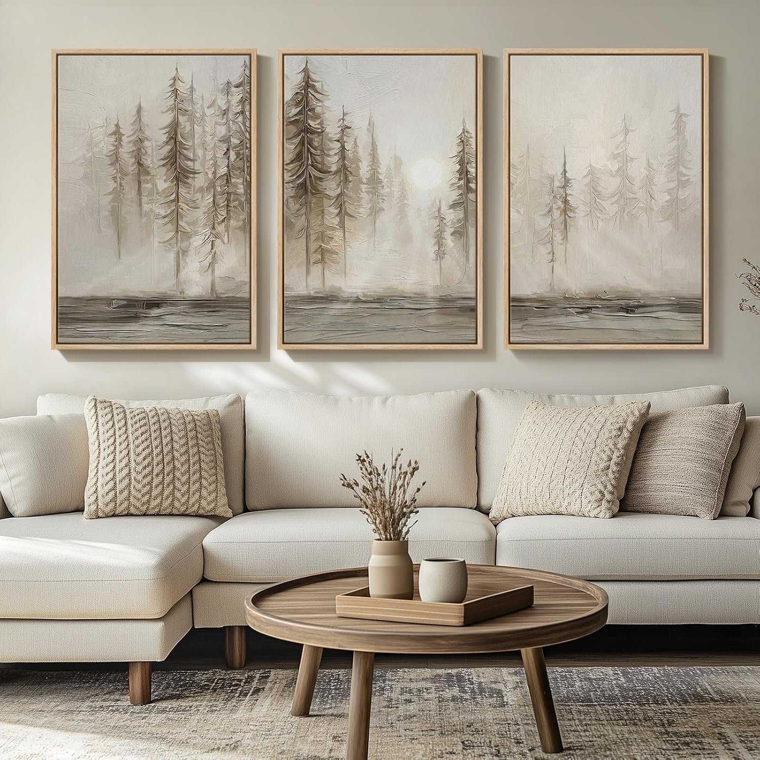 Framed Neutral Wall Art for Living Room, Large 3 Piece Abstract Pastel Grunge Forest Landscape Tree Canvas Artwork Set, Modern Art Decorative Nordic Painting Picture Prints for Hallway Office 24×36 In