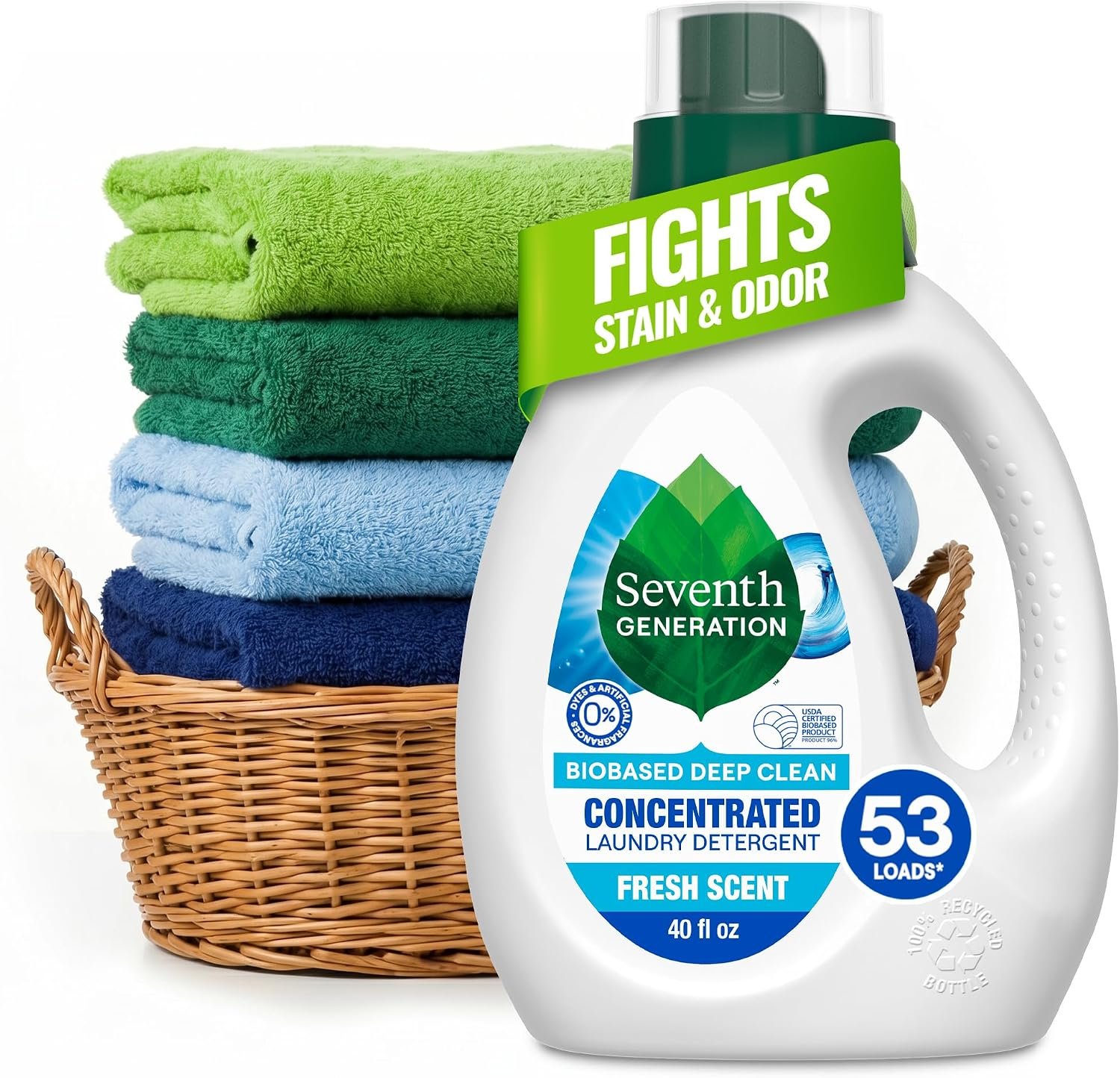 Seventh Generation Laundry Detergent, 40 oz (53 loads), Fresh Scent, Fights Stains & Odor, Concentrated Formula, Scent Made From 100% Essential Oils & Botanical Ingredients