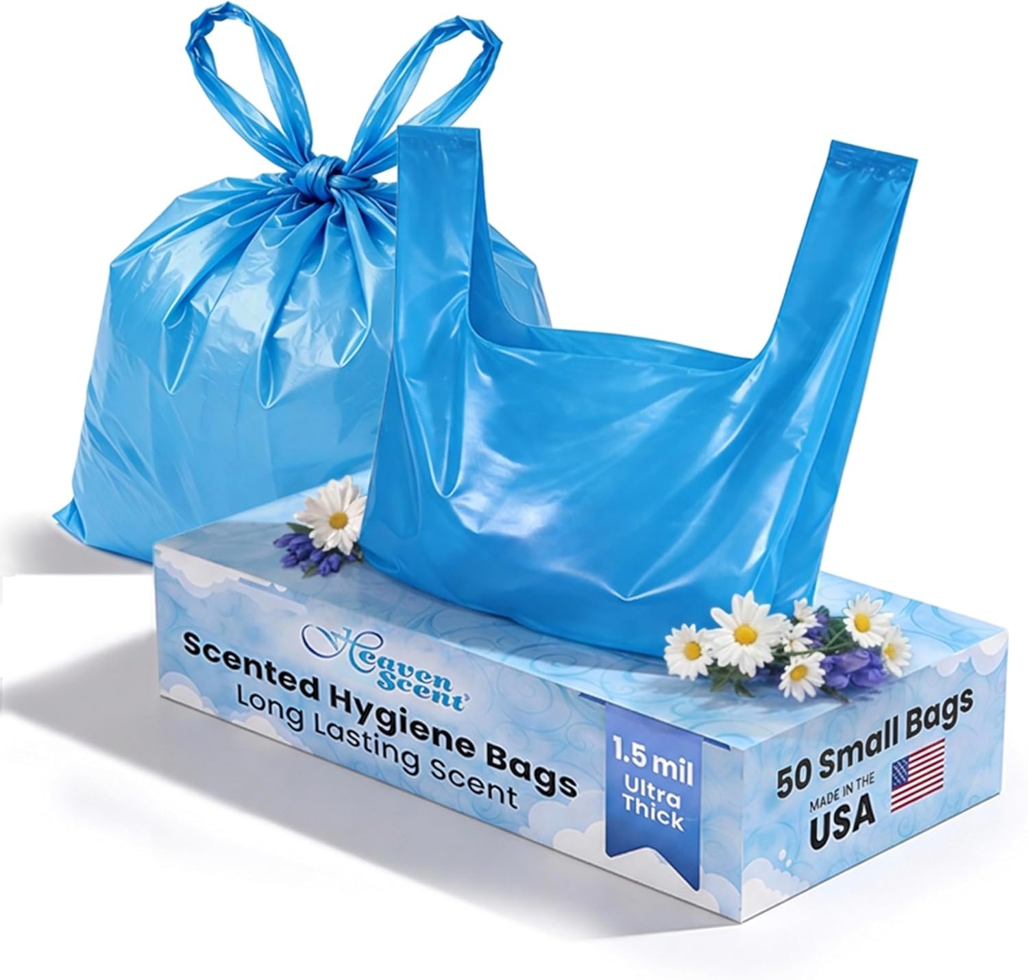 Heaven Scent Hygiene Bags 1.5MIL ULTRA-THICK Discreet Waste Disposal | MADE IN THE USA | Mild Baby Powder Scented Trash Bags for Adult Briefs & Feminine Products – Small, 50 Bags