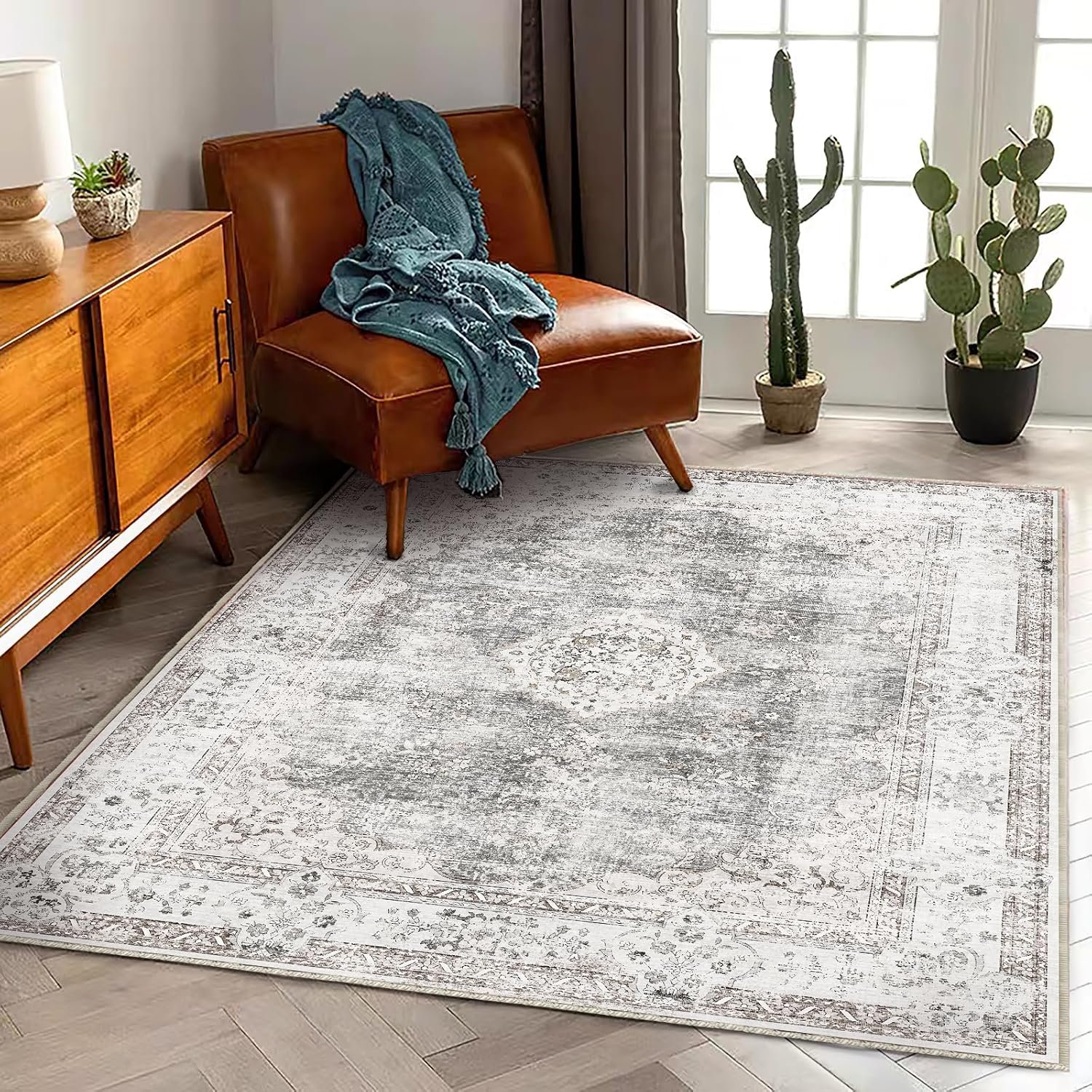 CHAMPLANT Washable Area Rug 3’x5′ Vintage Traditional Floor Cover Foldable Thin Rugs Retro Kitchen Indoor Distressed Non Slip Carpet Floral Print Mat Bedroom Living Room