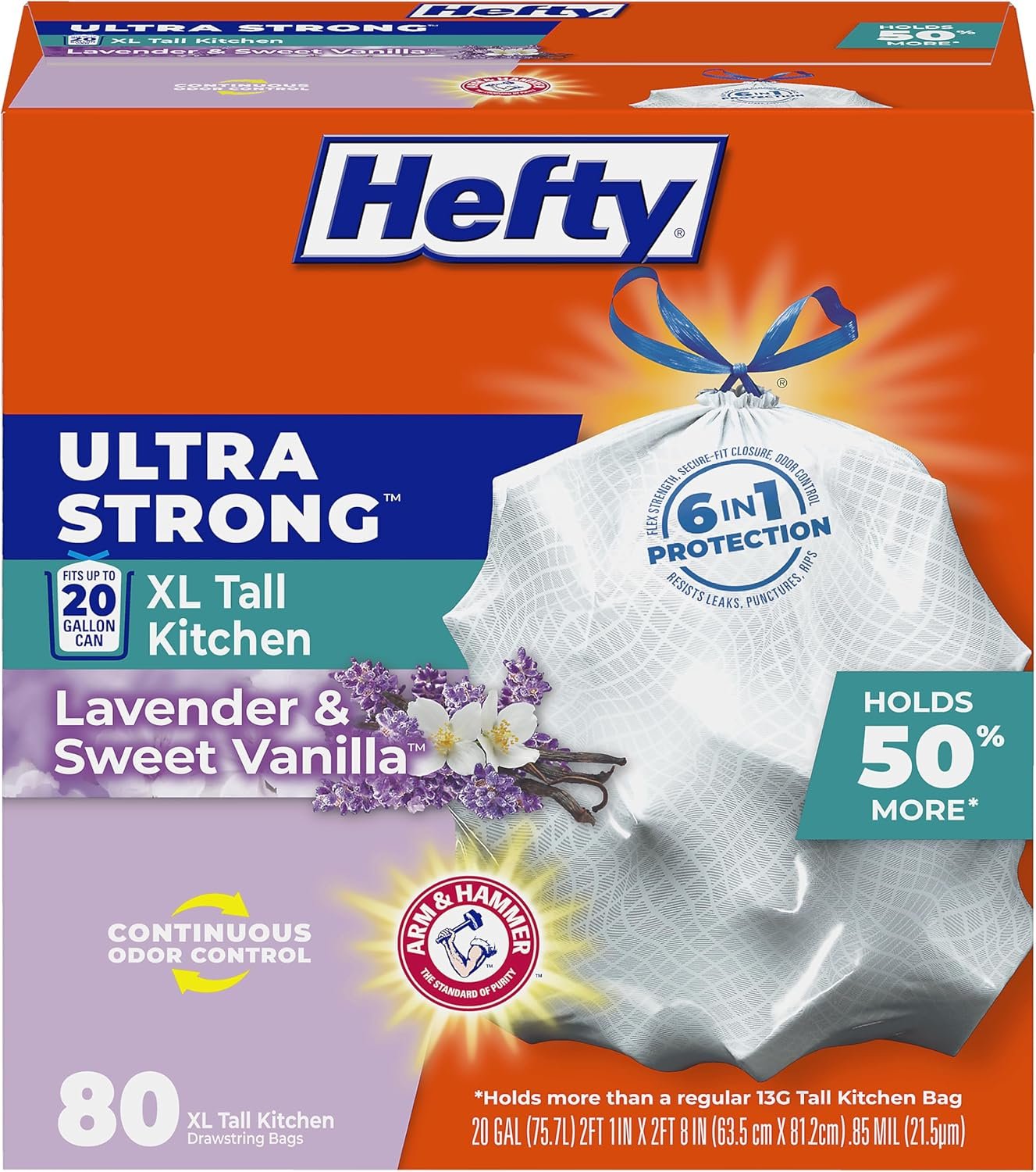 Hefty Ultra Strong 20 Gallon Trash Bags, XL Tall Kitchen Trash Bags 20 Gallon Size, Drawstring Closure, Continuous Odor Control, White, Lavender and Sweet Vanilla Scent, 80 Bags