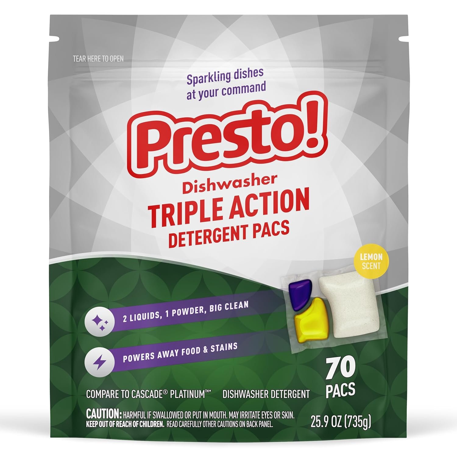 Amazon Brand – Presto! Triple Action Dishwasher Pacs, Lemon Scent, 70 Count