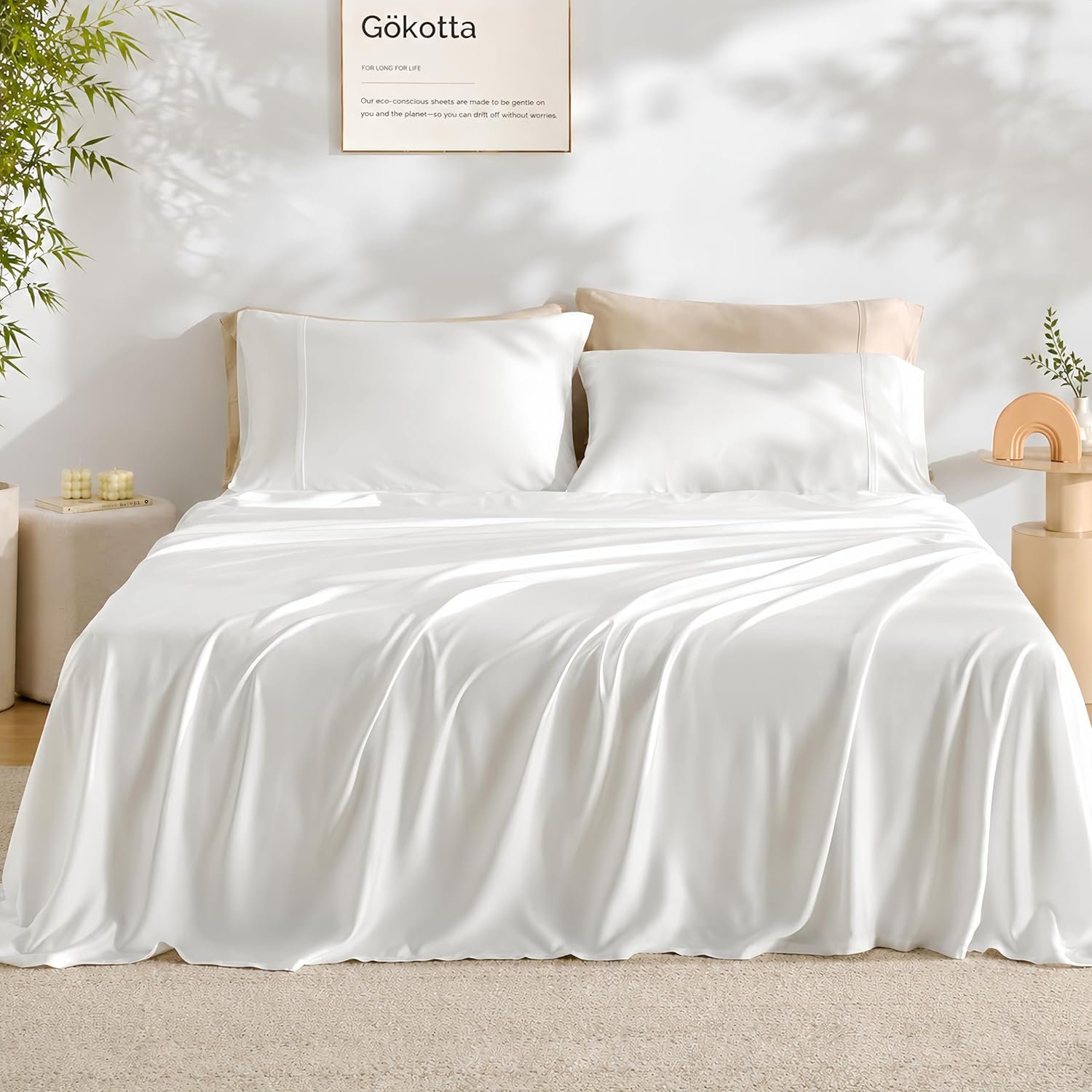 GOKOTTA King Size Bed Sheets 4 Pieces, 100% FSC® Certified Rayon Derived from Bamboo, Cooling Sheets for Hot Sleepers-Luxury & Silky Soft Sheets,Deep Pocket 16″ Fitted Sheet with Elastic Corner Straps