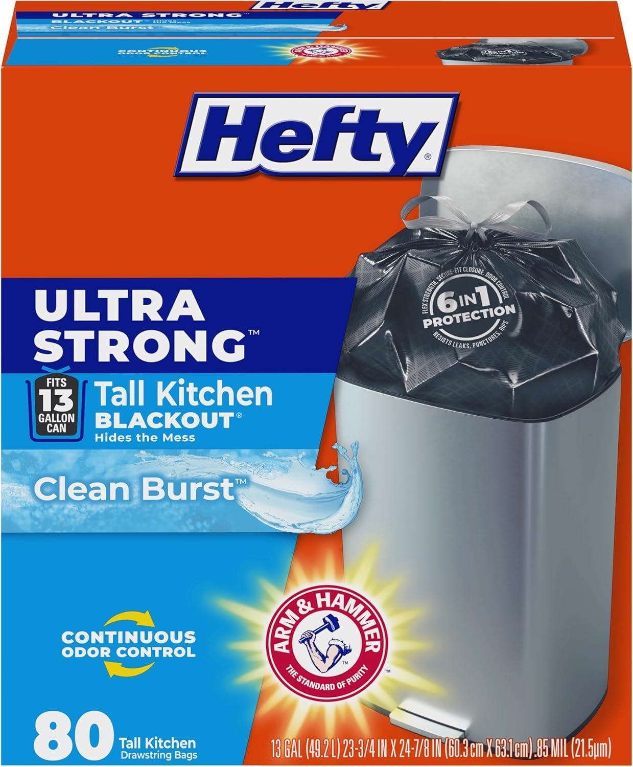 Hefty Ultra Strong 13 Gallon Trash Bags, Black Tall Kitchen Trash Bags 13 Gallon Size, Break Resistant Drawstring Enclosure, Continuous Odor Control, Blackout, Clean Burst Scent, 80 Bags