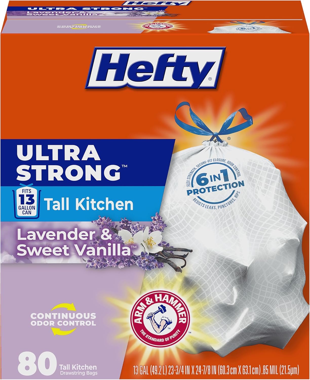 Hefty Ultra Strong 13 Gallon Trash Bags, Tall Kitchen, Drawstring Closure, Odor Control, White, Lavender, Sweet Vanilla, 80 Count
