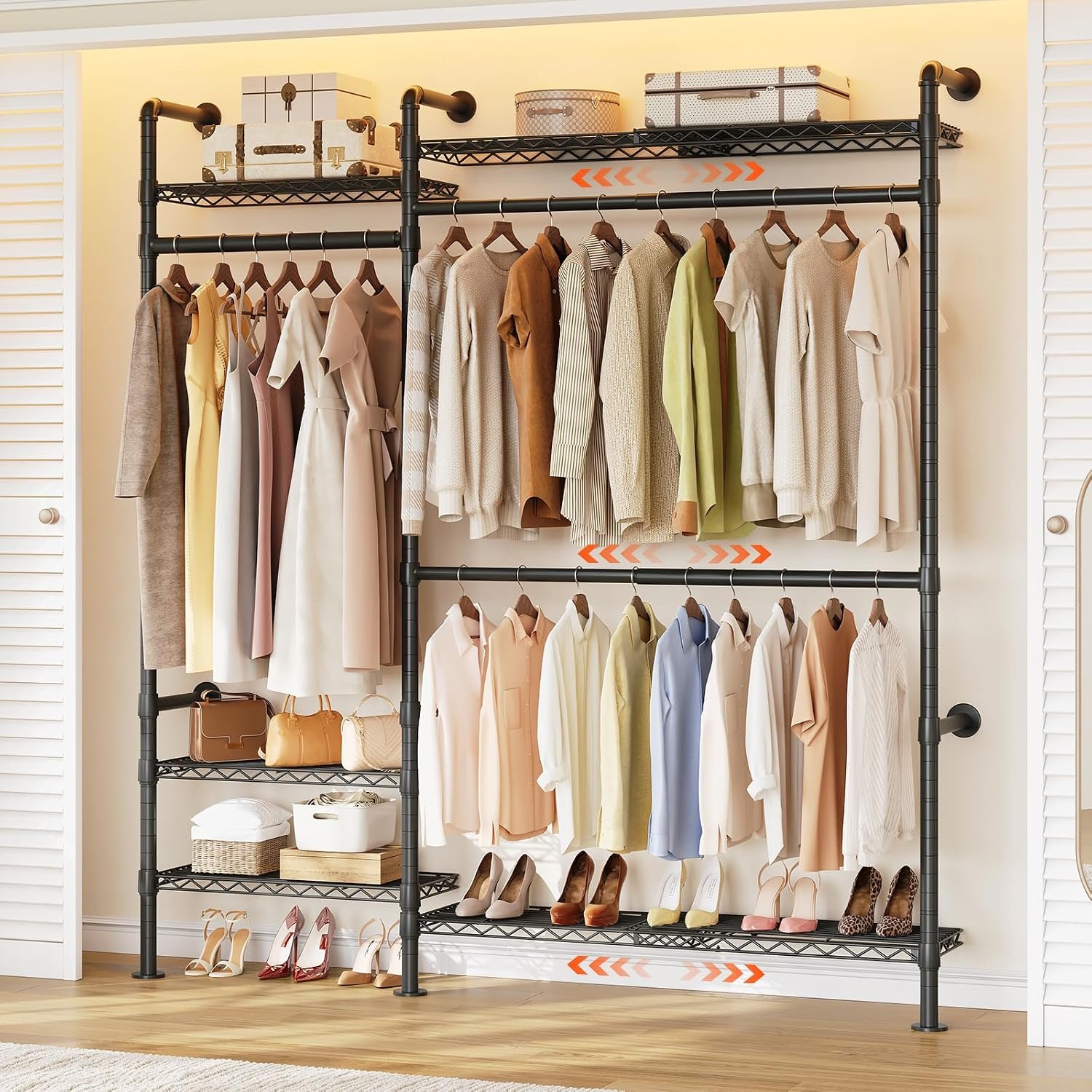 ONBRILL H2 Plus Expandable Wall Mounted Closet System, 3.8FT-5.1FT Closet Organizer with Telescopic Shelves & Adjustable Rods, Industrial Pipe Clothing Rack for Walk-in & Reach-in Closet (Black)