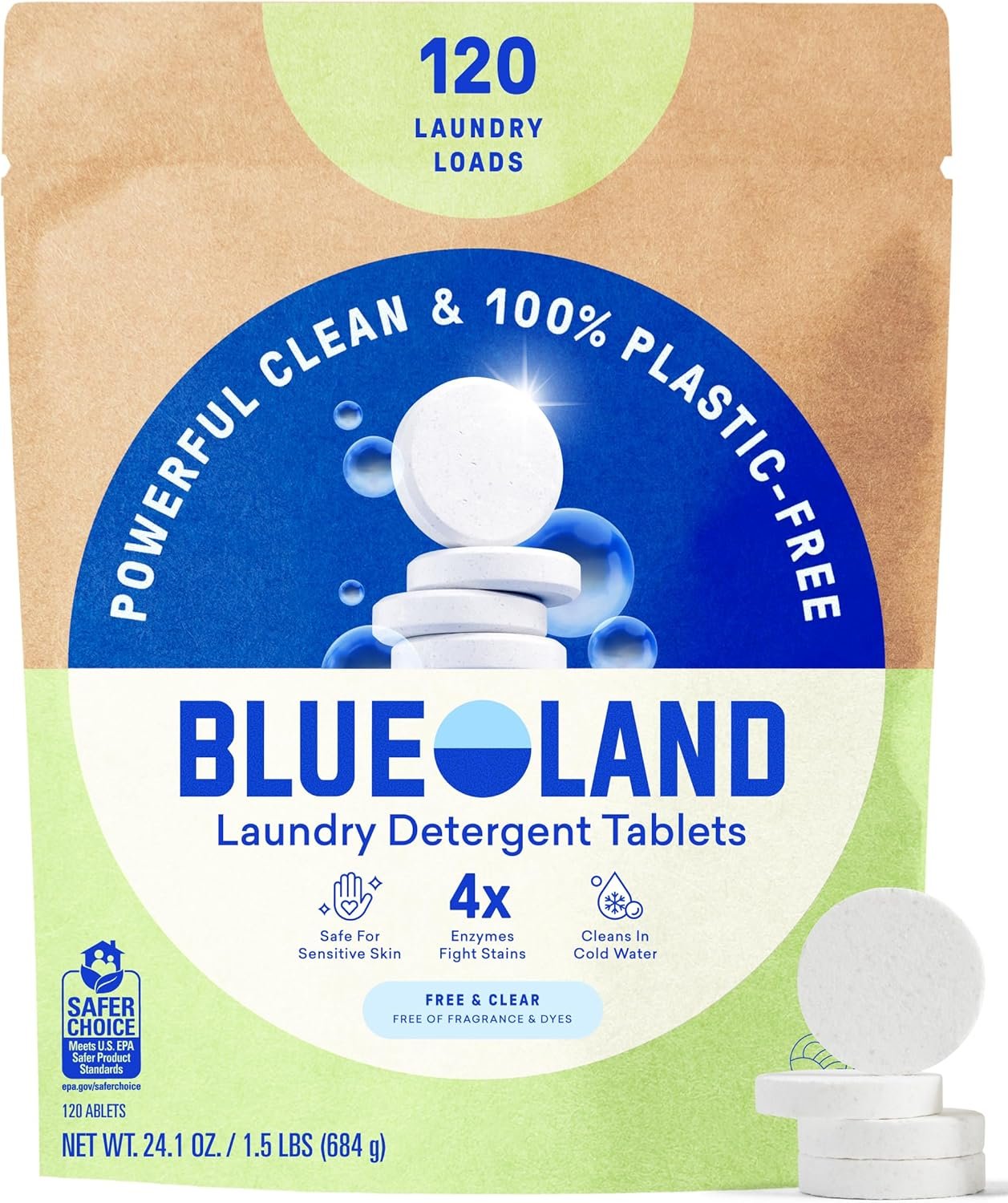 BLUELAND Laundry Detergent Tablets, 120 Count, Plastic-Free Eco-Friendly Pods, Sheets, Liquid Alternative – Fragrance Free and Clear, Safe for Sensitive Skin, Lifts Tough Stains & Odors